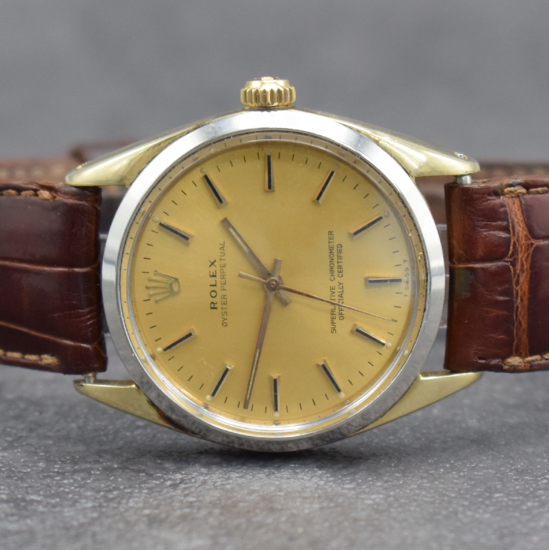 Detail a: ROLEX Oyster Perpetual Herrenarmbanduhr, Schweiz um 1965, Ref. 1025, Automatik, verschr. Stahlgeh. m. Goldkappe, Stahl-Lünette ersetzt, Geh.-Nr. ...