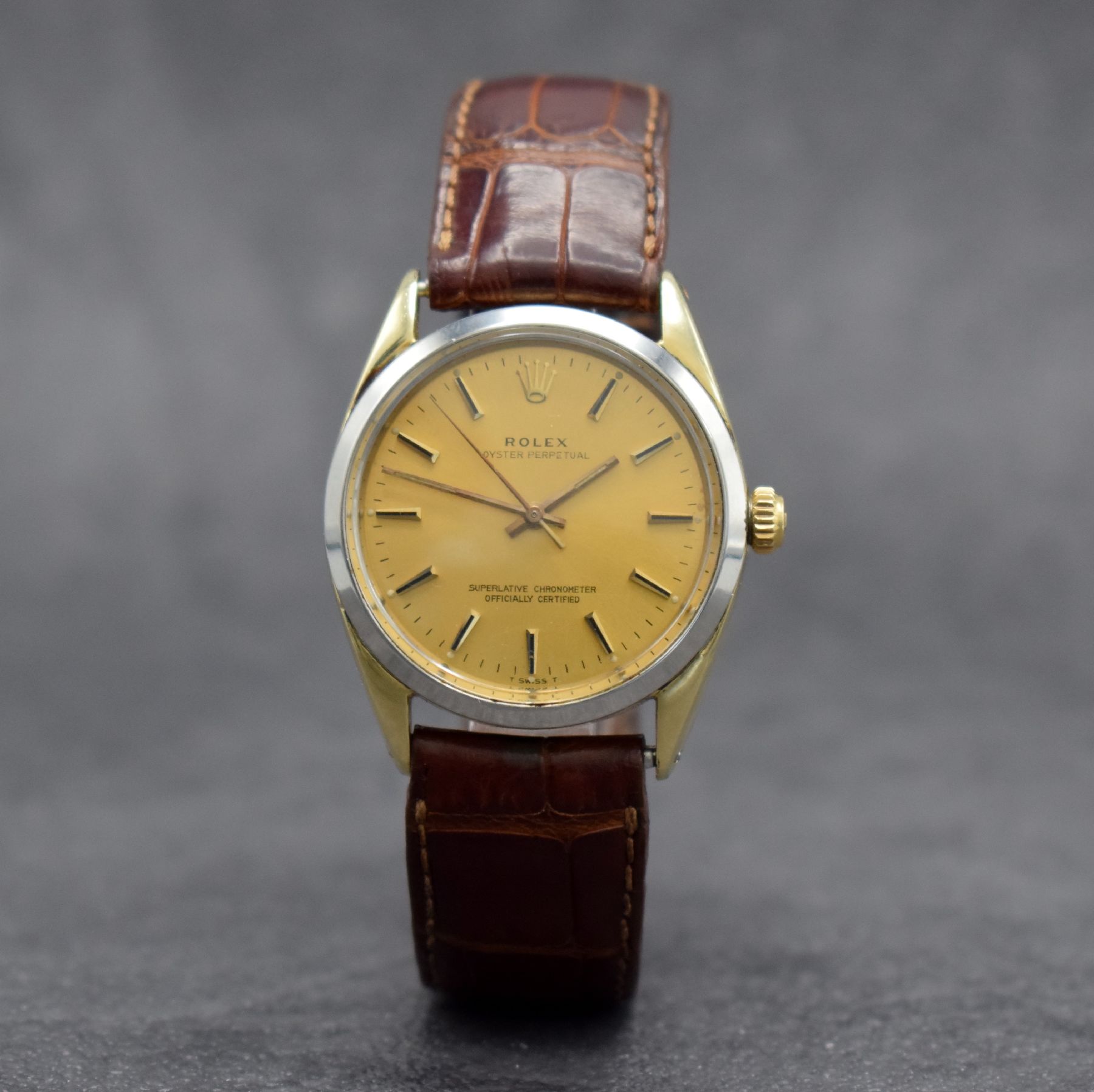 Detail b: ROLEX Oyster Perpetual Herrenarmbanduhr, Schweiz um 1965, Ref. 1025, Automatik, verschr. Stahlgeh. m. Goldkappe, Stahl-Lünette ersetzt, Geh.-Nr. ...