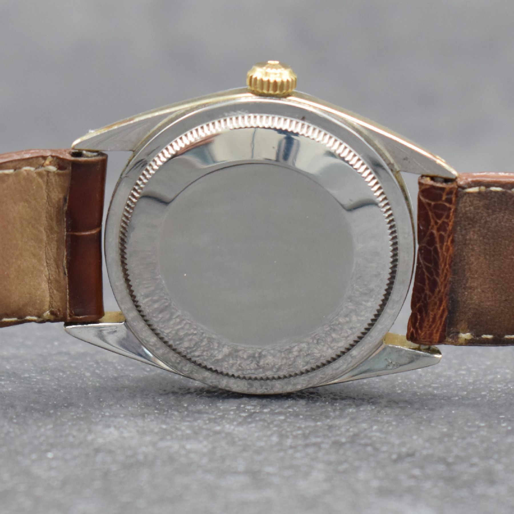 Detail f: ROLEX Oyster Perpetual Herrenarmbanduhr, Schweiz um 1965, Ref. 1025, Automatik, verschr. Stahlgeh. m. Goldkappe, Stahl-Lünette ersetzt, Geh.-Nr. ...