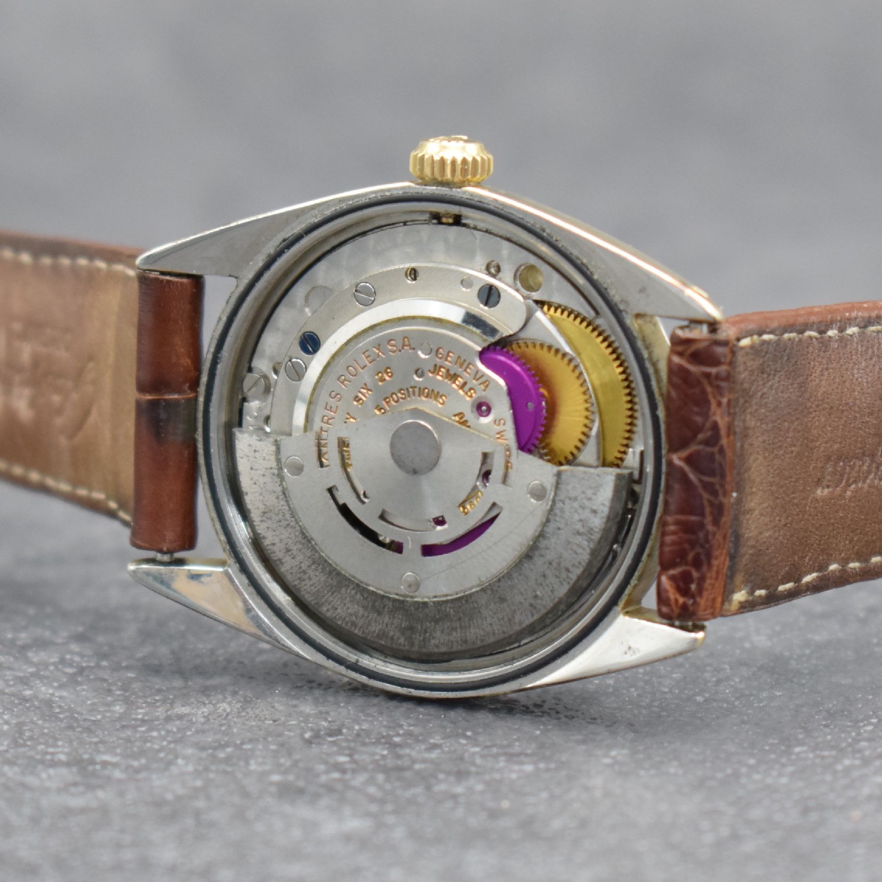 Detail g: ROLEX Oyster Perpetual Herrenarmbanduhr, Schweiz um 1965, Ref. 1025, Automatik, verschr. Stahlgeh. m. Goldkappe, Stahl-Lünette ersetzt, Geh.-Nr. ...