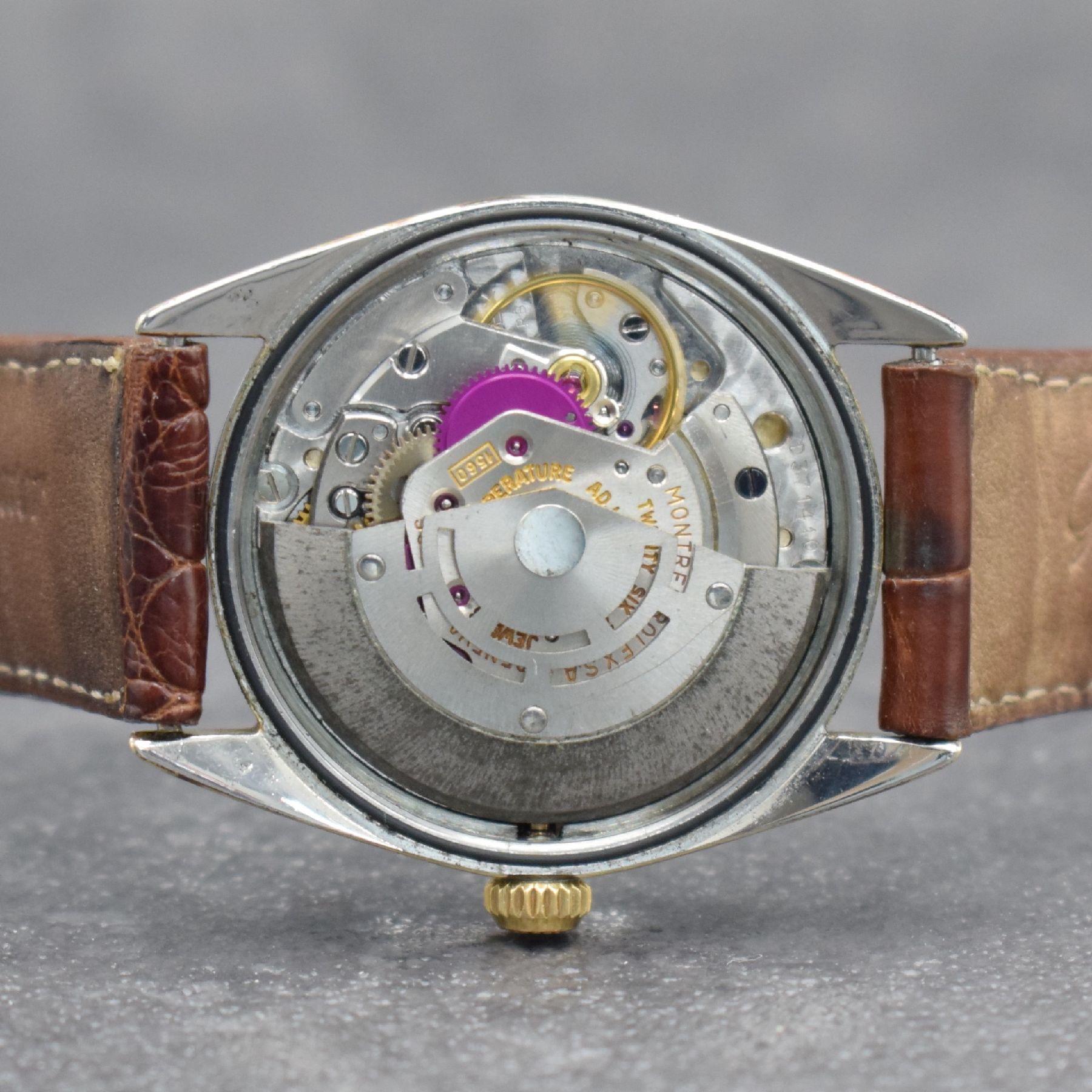Detail h: ROLEX Oyster Perpetual Herrenarmbanduhr, Schweiz um 1965, Ref. 1025, Automatik, verschr. Stahlgeh. m. Goldkappe, Stahl-Lünette ersetzt, Geh.-Nr. ...
