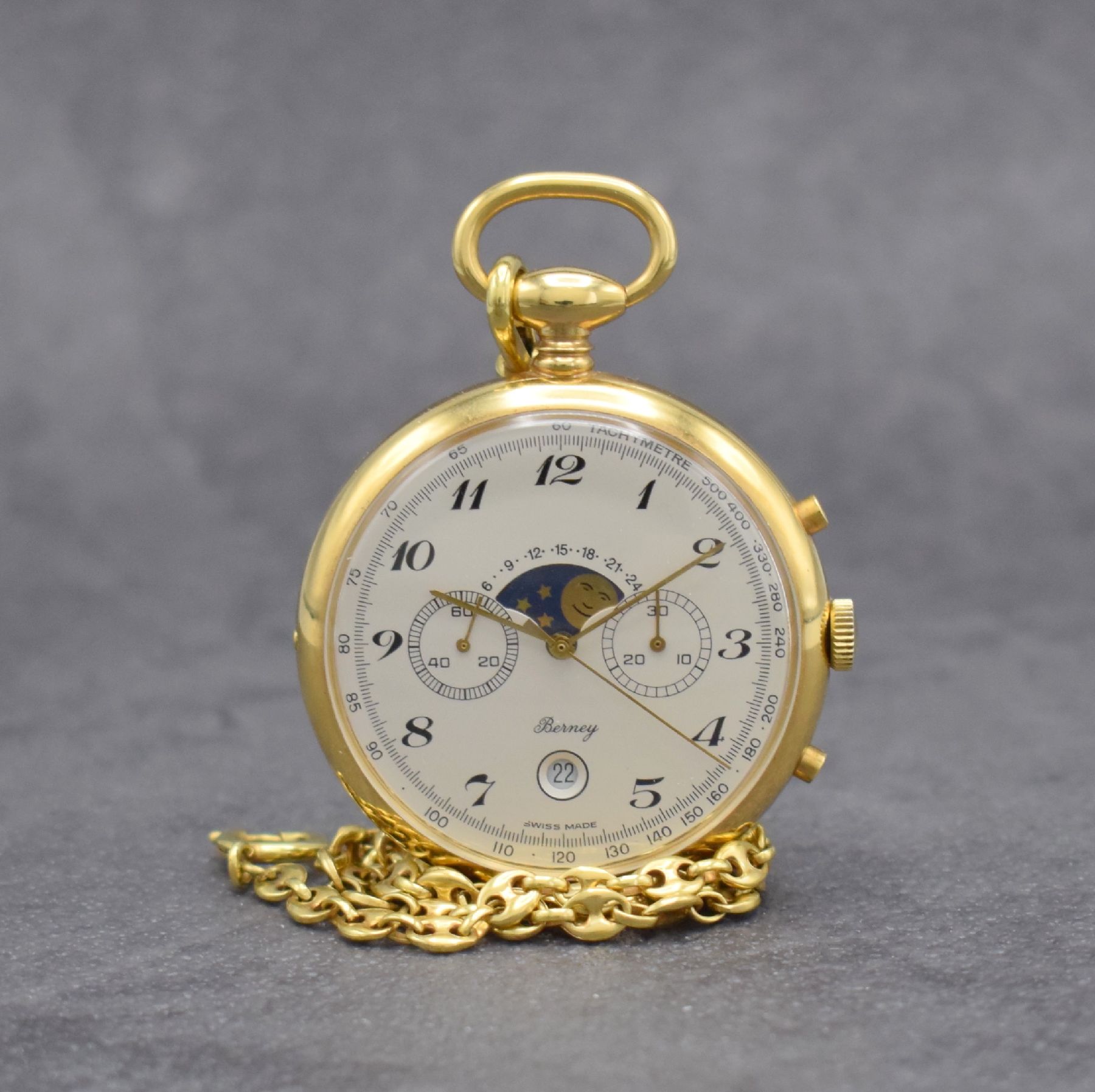 BERNEY offene vergoldete Taschenuhr mit Mondphase und Chronograph, Schweiz um 1985, Handaufzug, Boden aufgedr., seitl. Korrekturdr., silb. Zifferbl. ...