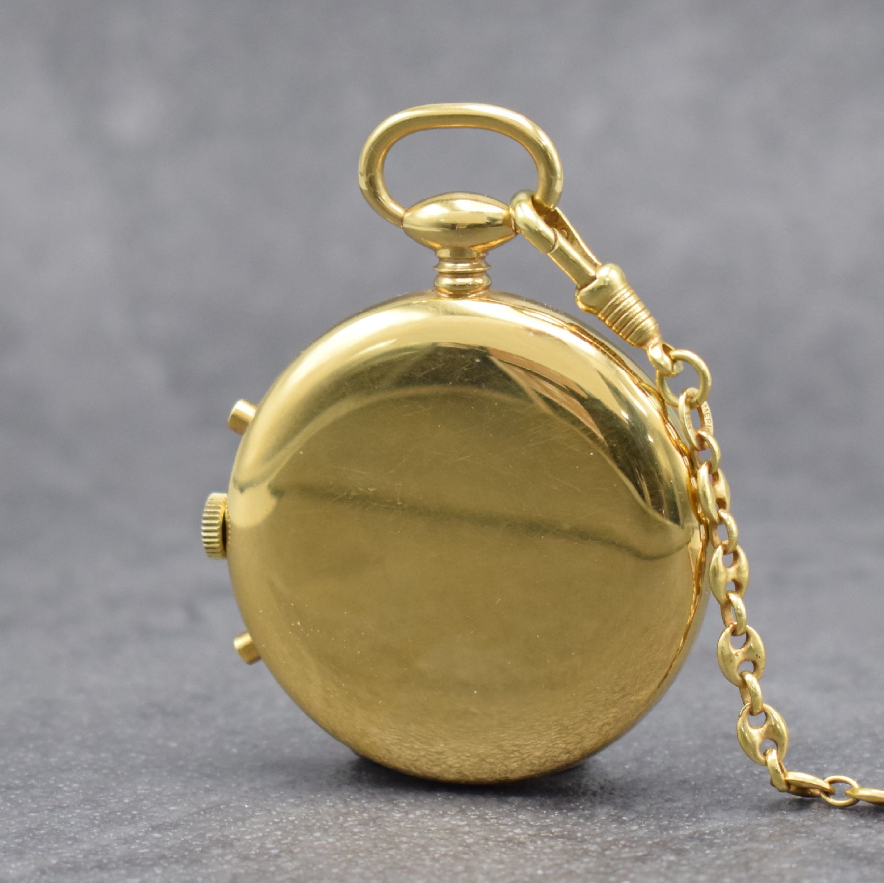 Detail a: BERNEY offene vergoldete Taschenuhr mit Mondphase und Chronograph, Schweiz um 1985, Handaufzug, Boden aufgedr., seitl. Korrekturdr., silb. Zifferbl. ...