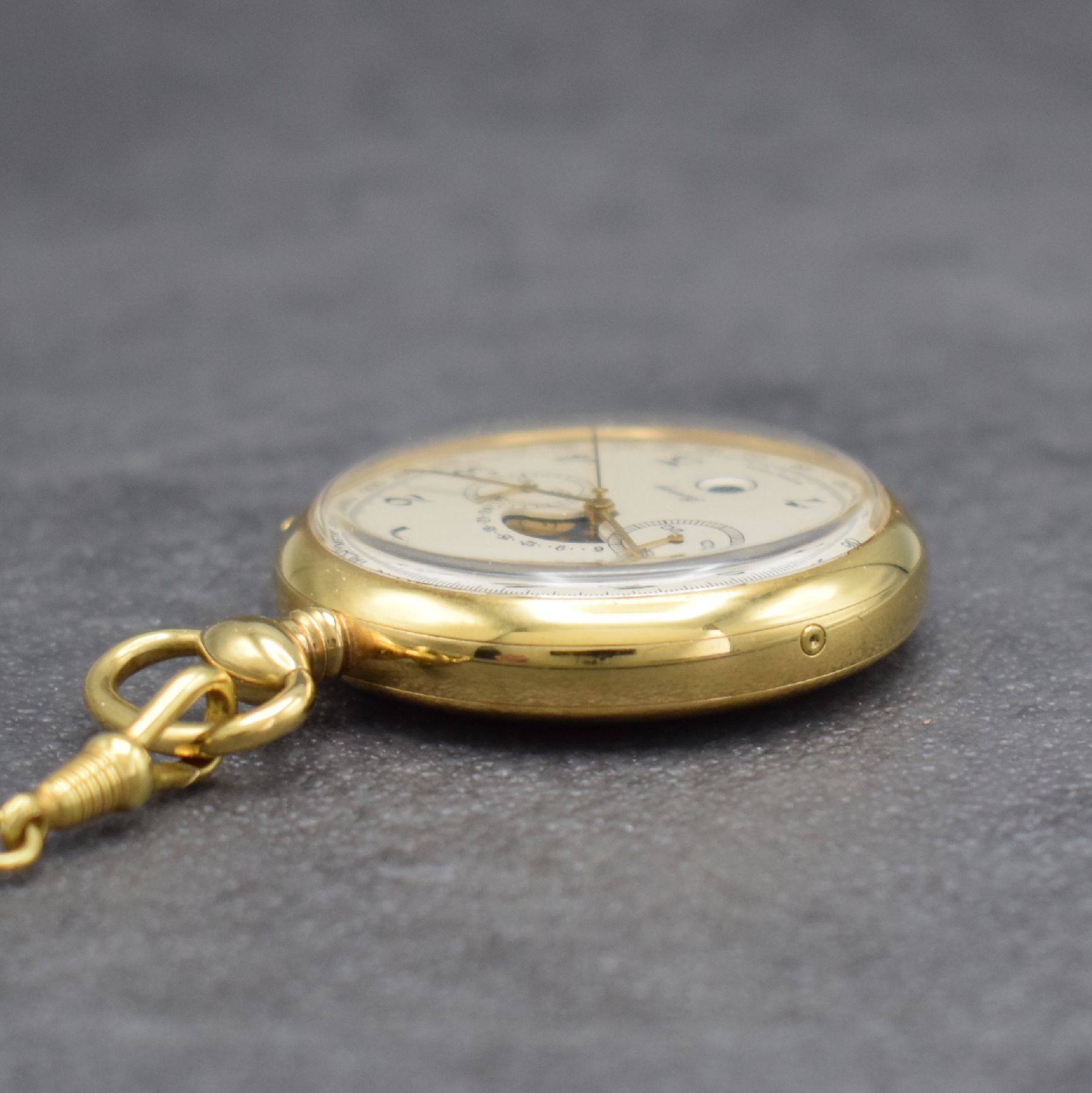 Detail b: BERNEY offene vergoldete Taschenuhr mit Mondphase und Chronograph, Schweiz um 1985, Handaufzug, Boden aufgedr., seitl. Korrekturdr., silb. Zifferbl. ...