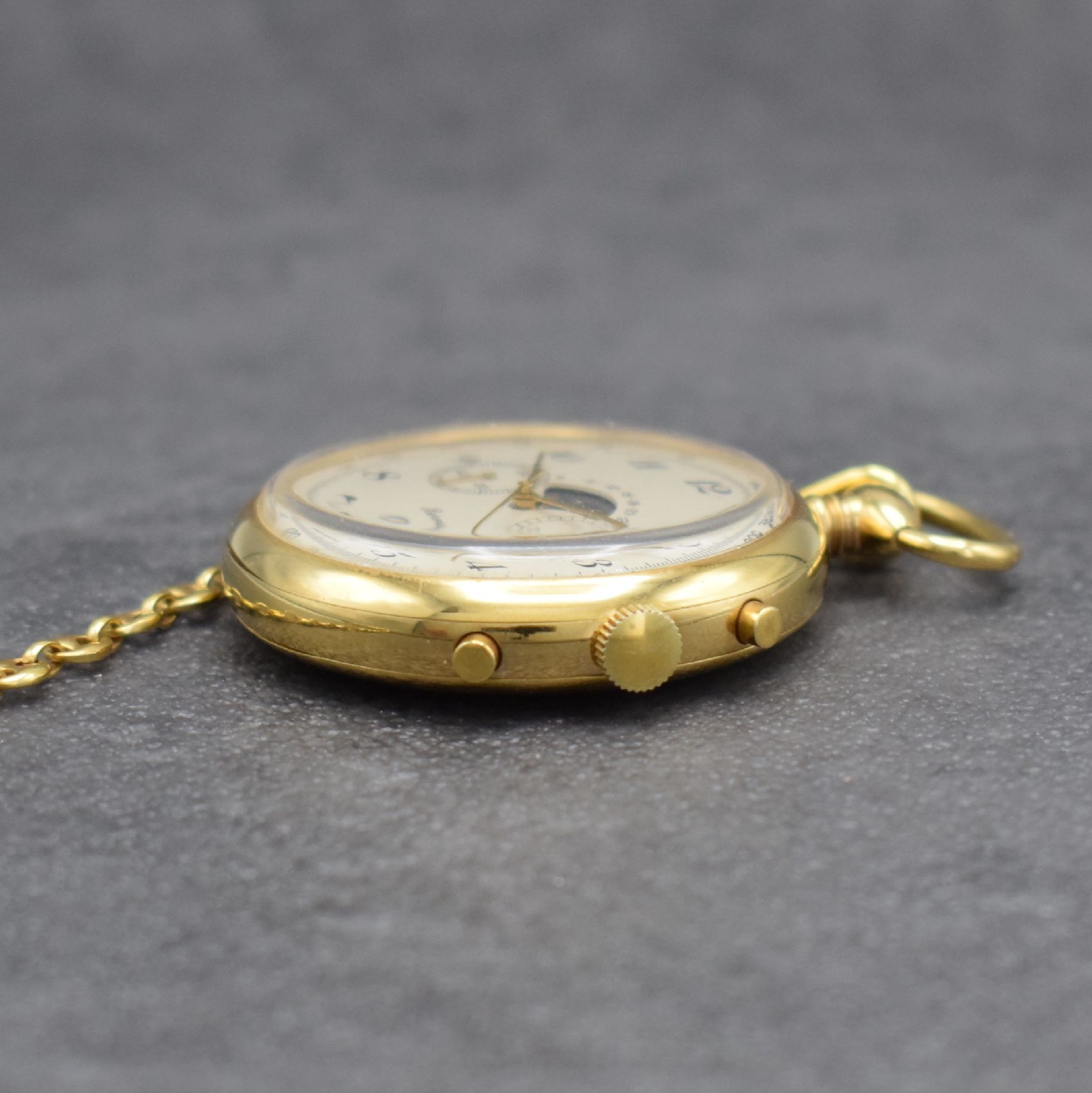 Detail c: BERNEY offene vergoldete Taschenuhr mit Mondphase und Chronograph, Schweiz um 1985, Handaufzug, Boden aufgedr., seitl. Korrekturdr., silb. Zifferbl. ...