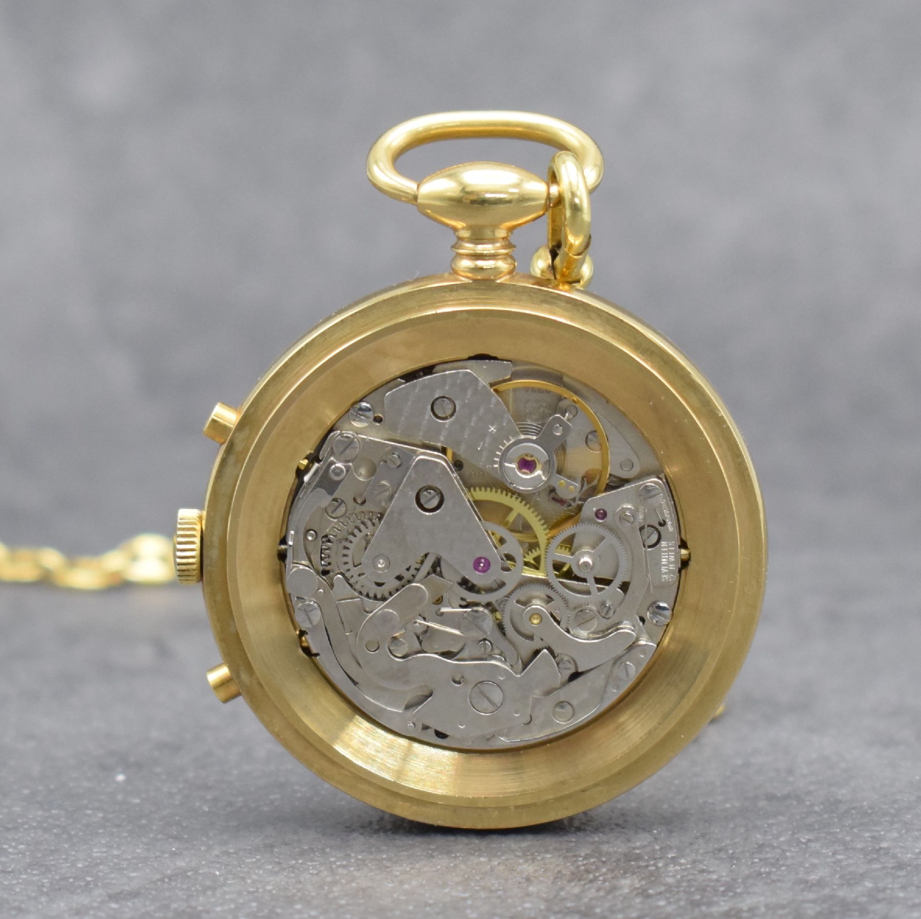 Detail d: BERNEY offene vergoldete Taschenuhr mit Mondphase und Chronograph, Schweiz um 1985, Handaufzug, Boden aufgedr., seitl. Korrekturdr., silb. Zifferbl. ...