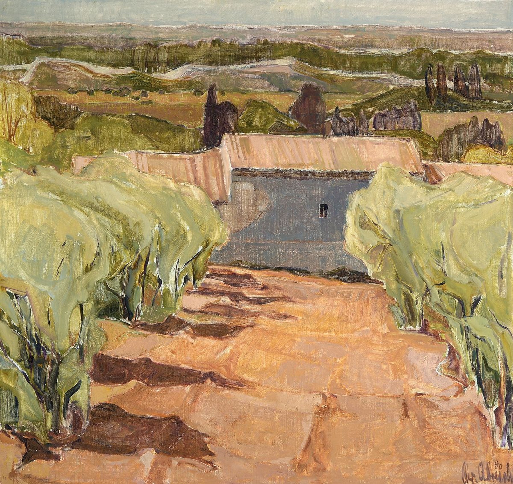 Christel Abresch, 1931 Sulzbach-2011 Neustadt an der Weinstraße, Landschaft, wohl in Südfrankreich, Öl/Lwd, rechts unten signiert und dat. 80, ca. ...