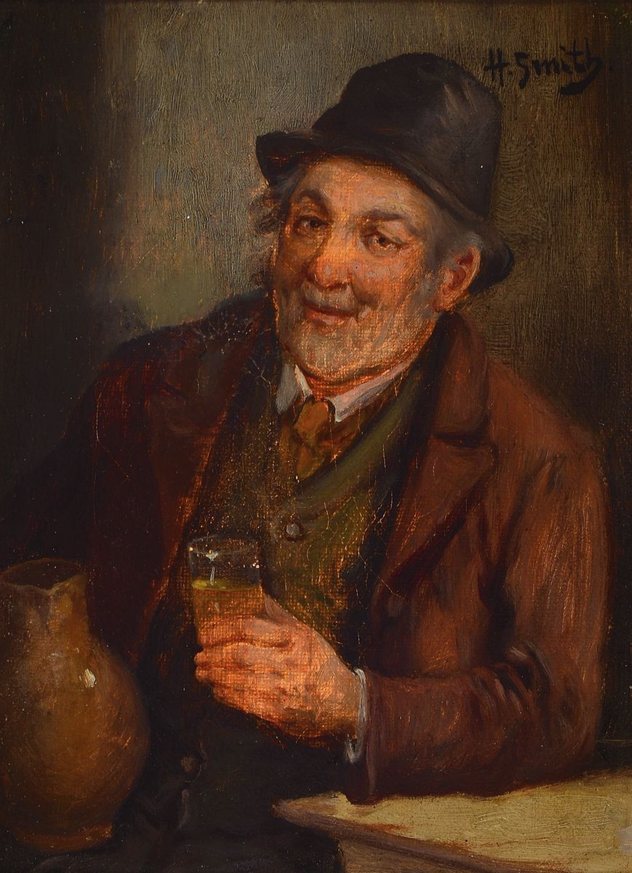 Hobbe Smith, 1862-1942, Porträt eines Mannes mit Krug und Glas, Öl/Lwd, rechts oben signiert, ca. 21x16cm, R. ca. 33x27cm