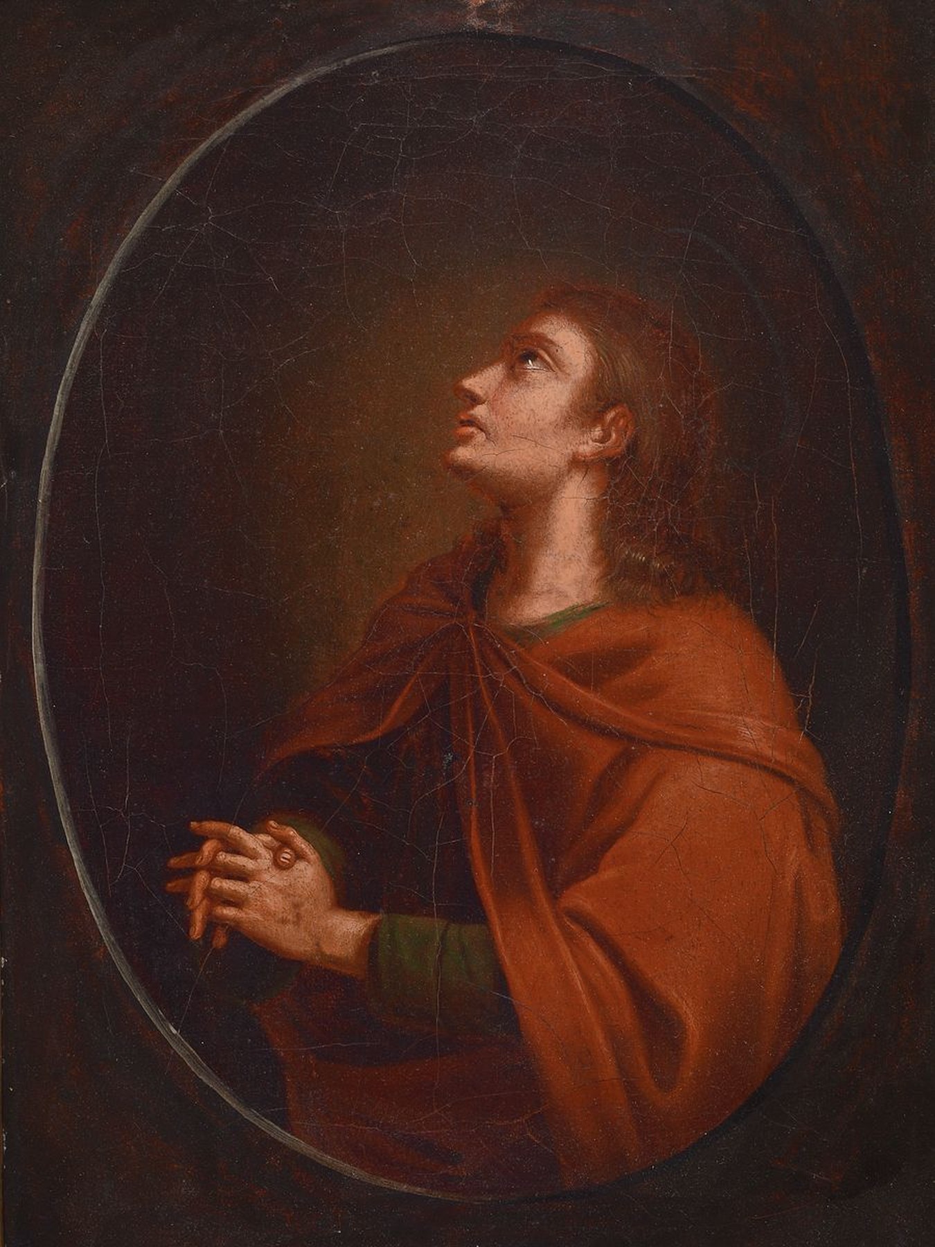 Detail a: Unbekannter Künstler, wohl süddeutsch, 18. Jh., Paar Pendants: Betende Maria und betender Johannes, Öl/Lwd, altersbedingt krakeliert und mit ...
