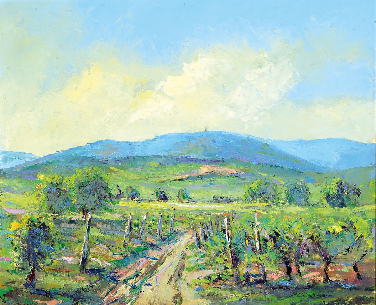 Robert Lauth, 1896-1985 Ludwigshafen, Landschaft mit Weinreben in der Pfalz, Öl/Hartfaser, rückseitig signiert, ca. 50x60cm