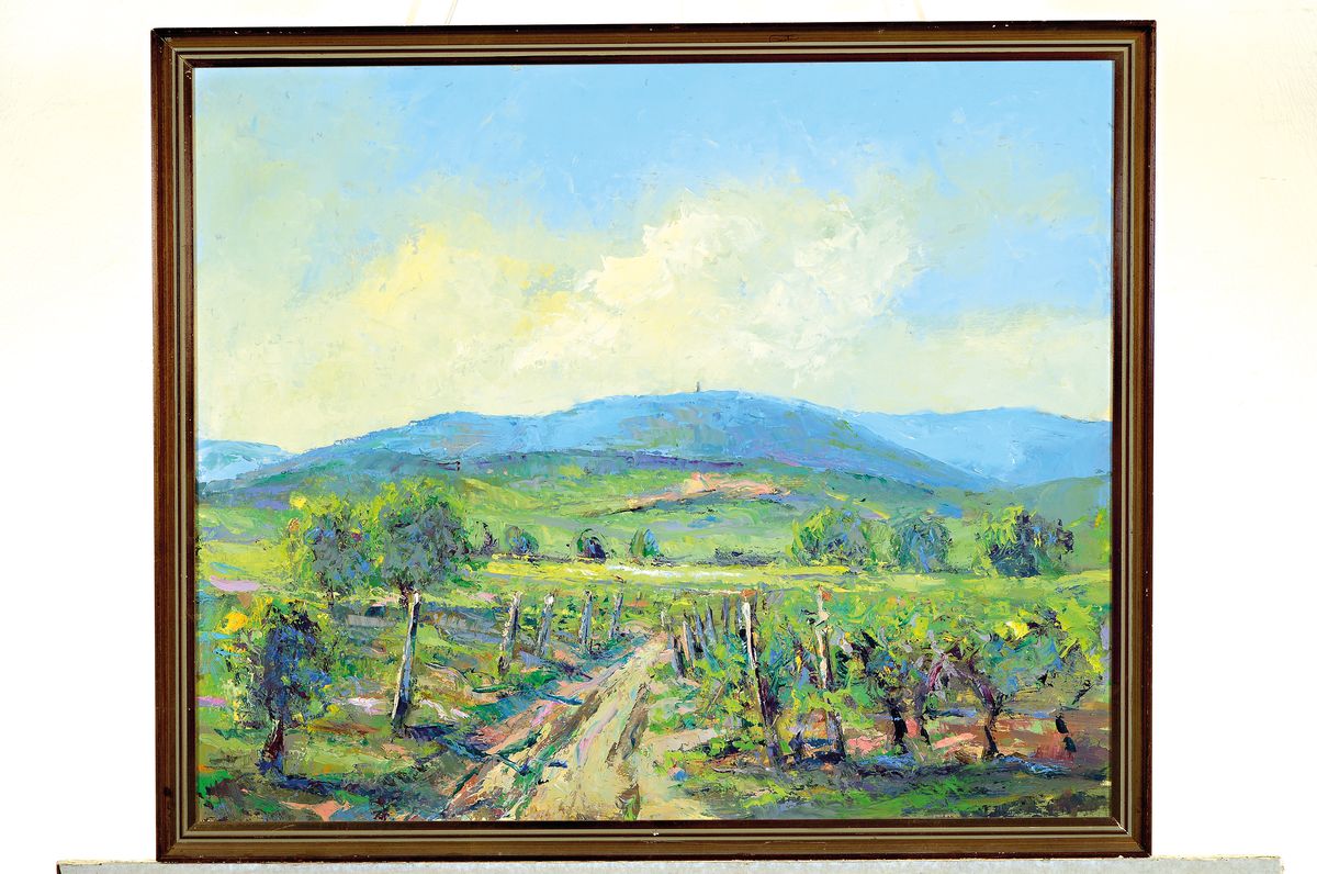Detail k: Robert Lauth, 1896-1985 Ludwigshafen, Landschaft mit Weinreben in der Pfalz, Öl/Hartfaser, rückseitig signiert, ca. 50x60cm