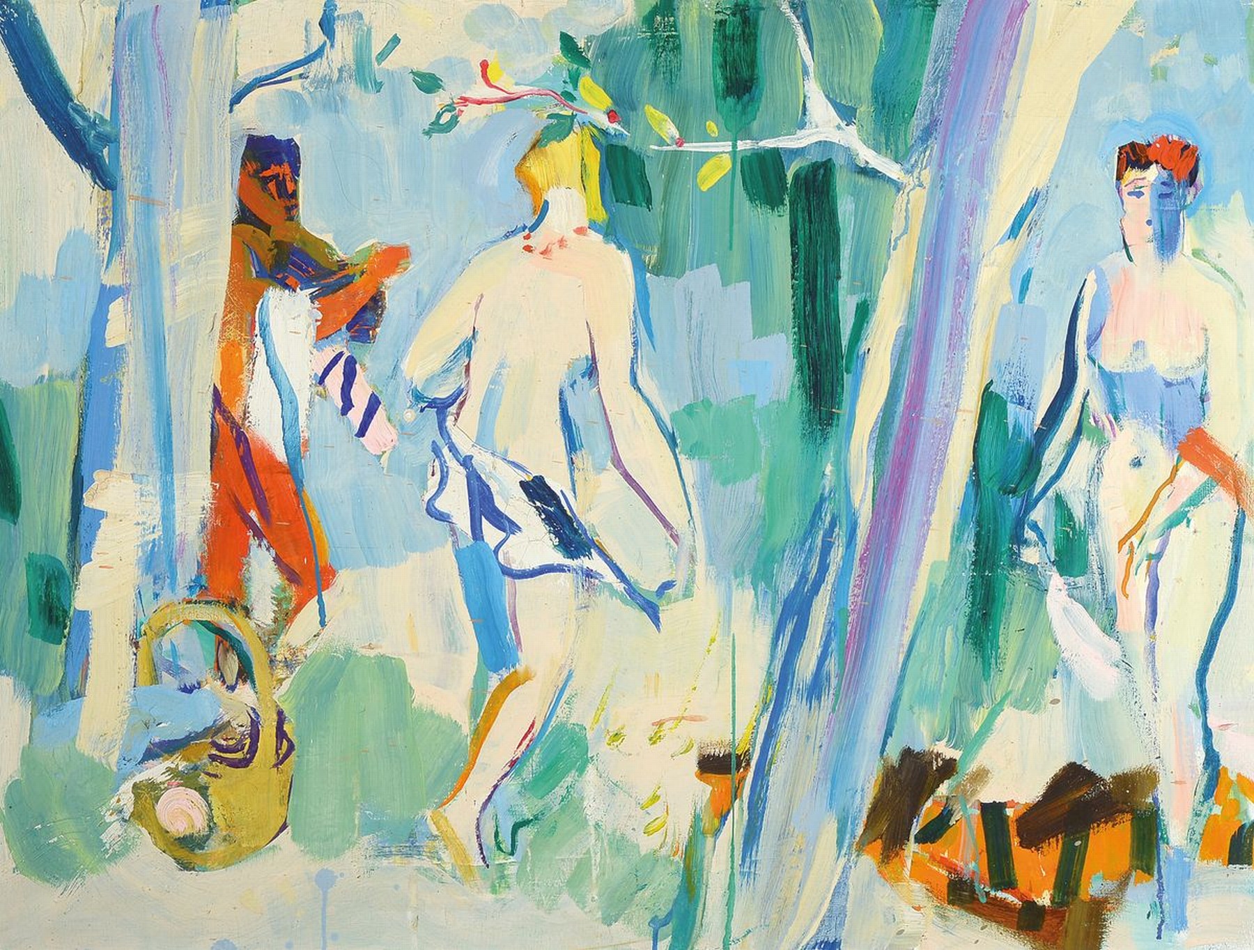 Zuschreibung: Eduard Aigner, 1903 Neuhaus- 1978 München, Ohne Titel, drei Figuren im Wald, Öl/Lwd, unsigniert, rückseitig auf dem Keilrahmen ...