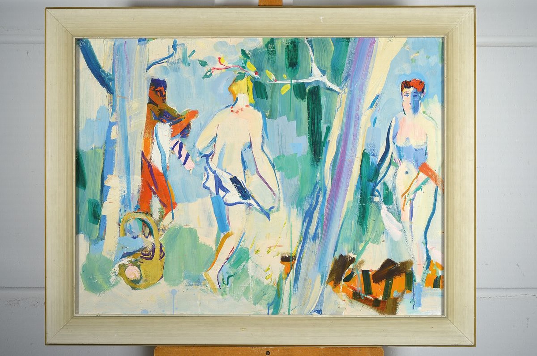 Detail k: Zuschreibung: Eduard Aigner, 1903 Neuhaus- 1978 München, Ohne Titel, drei Figuren im Wald, Öl/Lwd, unsigniert, rückseitig auf dem Keilrahmen ...