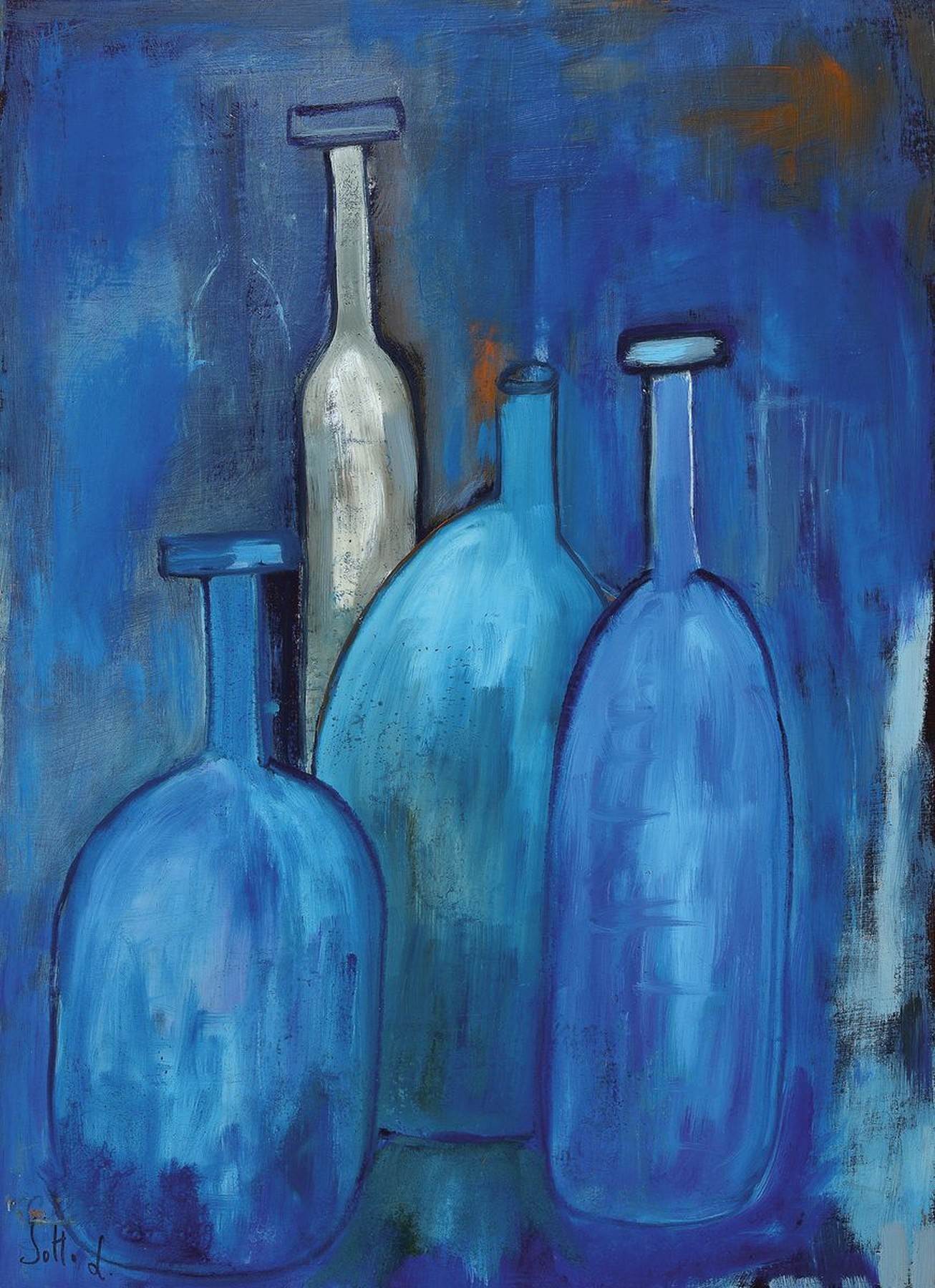 Lucien Sotto, zeitgen. belgischer Künstler, Stillleben mit Flaschen, Öl/Lwd, links unten signiert, ca. 70x50cm