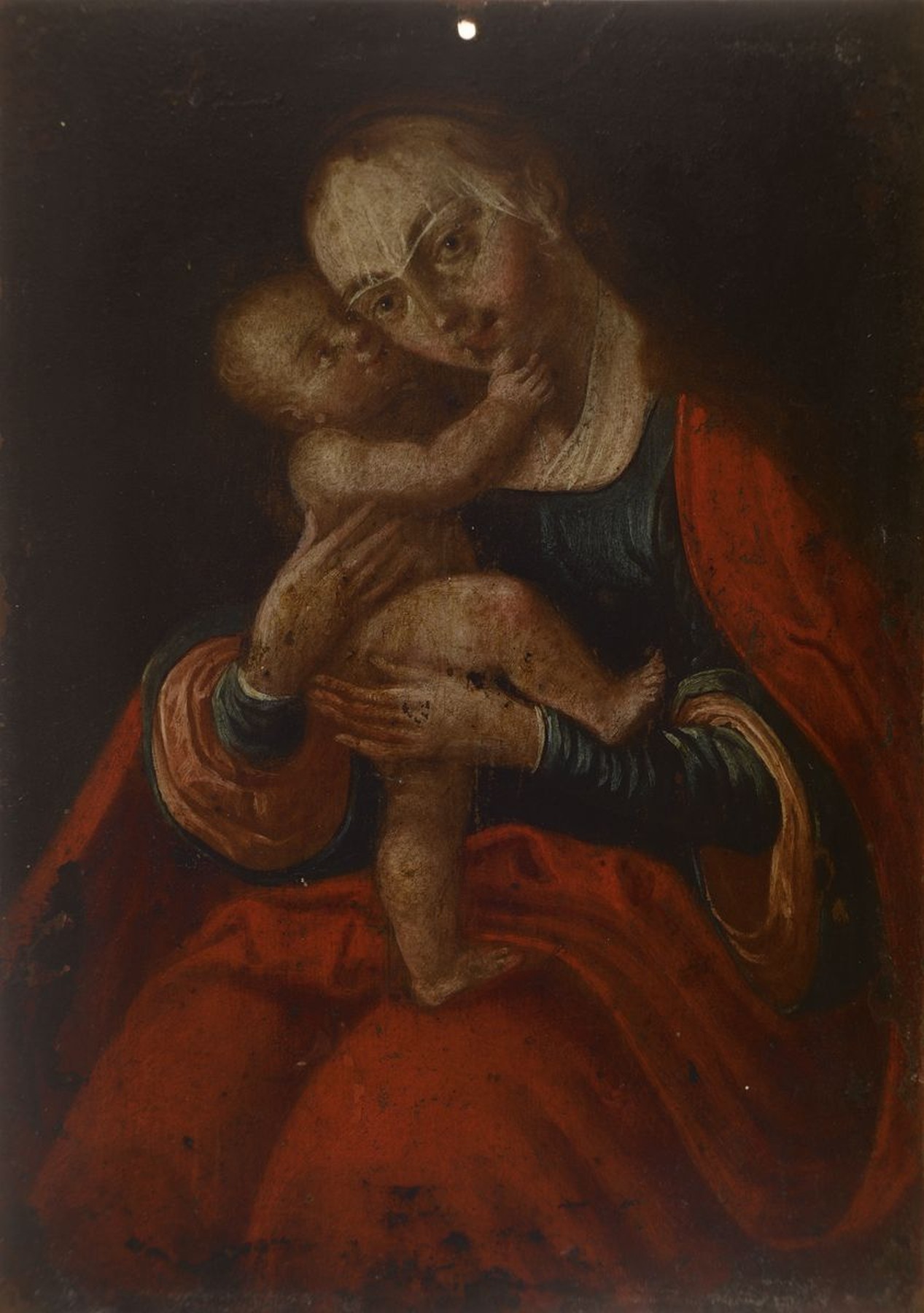 Heiligenbild, süddeutsch, 18. Jh., Mutter Gottes mit Kind, auf Kupfer gemalt, Alters- und Gebr.-schäden, ca. 16 x 11 cm