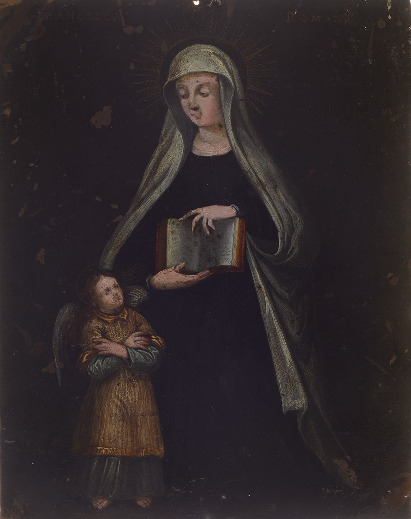 Andachtsbild/Heiligenbild, süddeutsch, Heilige Franziska von Rom mit Engel, 2.Hälfte 18. Jh., auf Kupferplatte, Farbfehlstellen bzw. ...