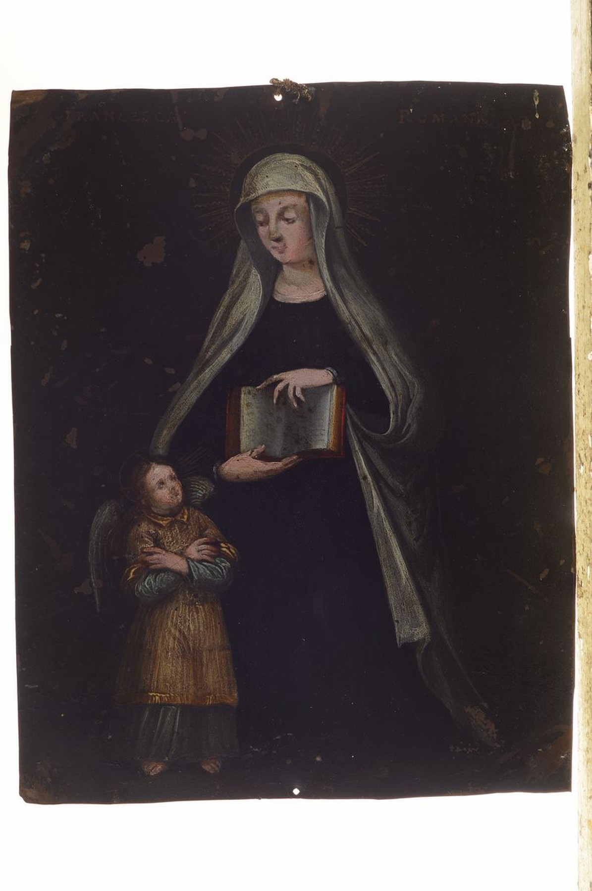 Detail k: Andachtsbild/Heiligenbild, süddeutsch, Heilige Franziska von Rom mit Engel, 2.Hälfte 18. Jh., auf Kupferplatte, Farbfehlstellen bzw. ...