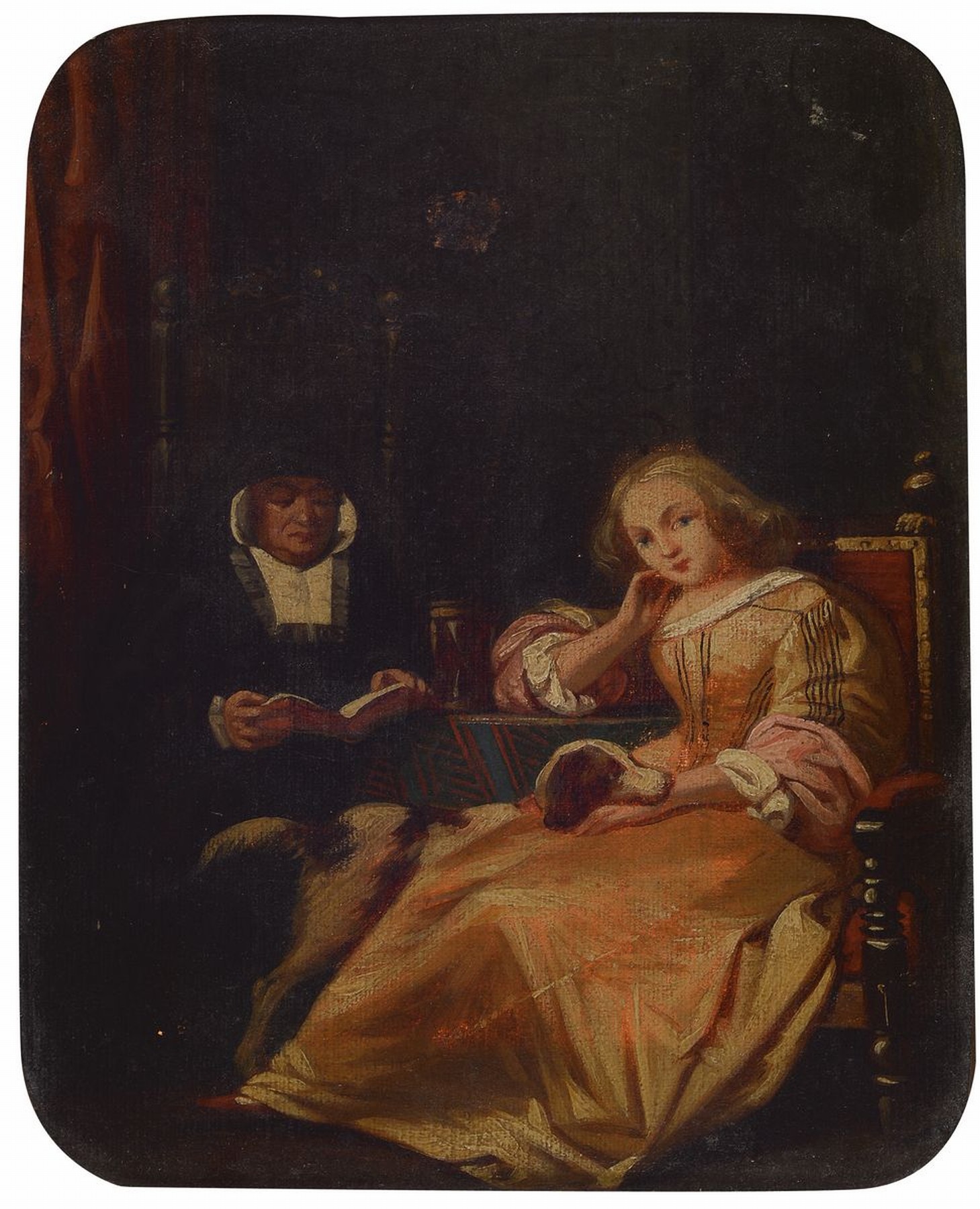Wohl niederländischer Maler, 19. Jh., Paar in der Stube mit Hund, Öl/Lwd, leichte Alters- und Gebr.-spuren, ca. 20.5 x 16.5 cm, Rahmen l. best.