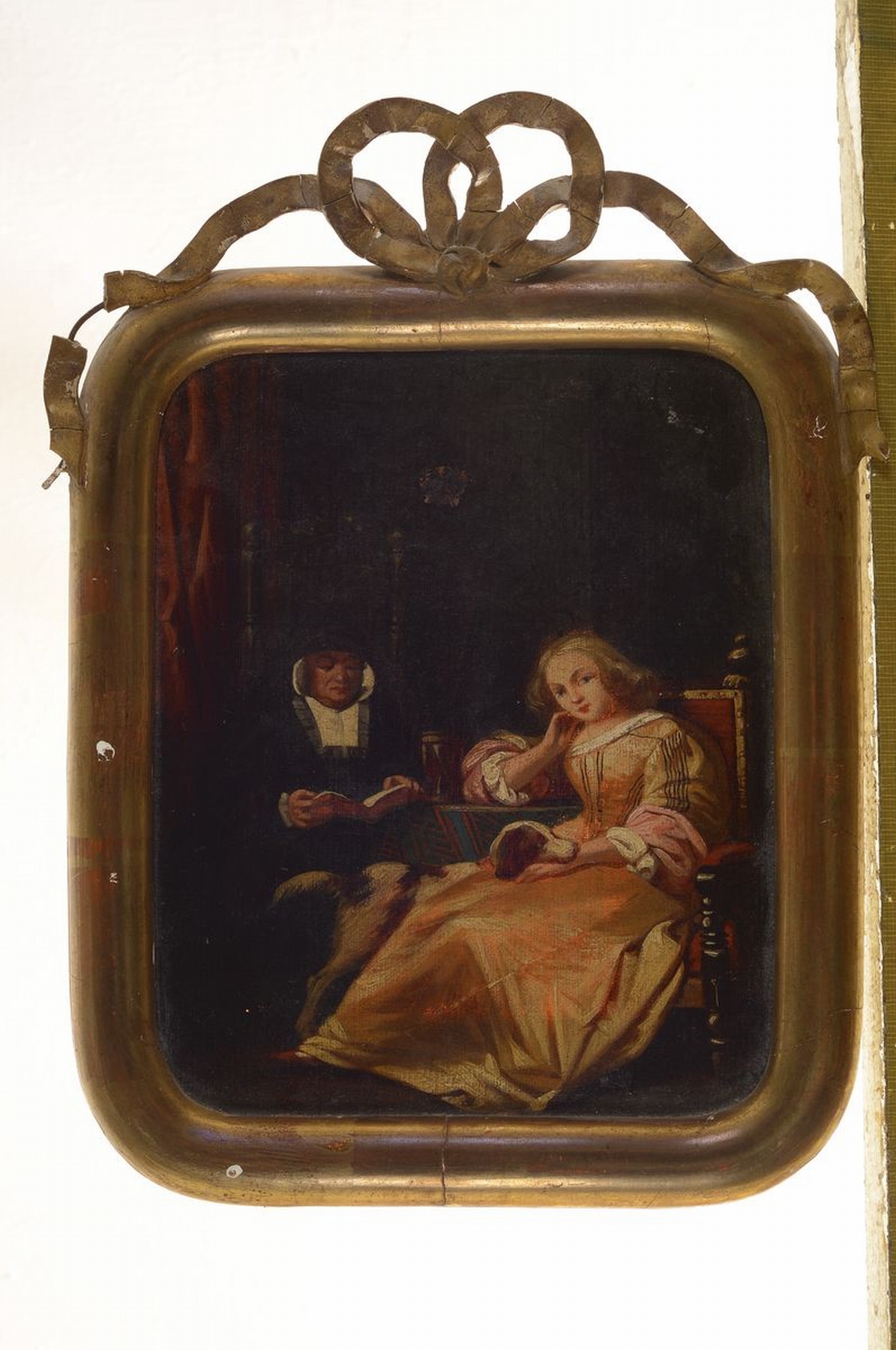 Detail k: Wohl niederländischer Maler, 19. Jh., Paar in der Stube mit Hund, Öl/Lwd, leichte Alters- und Gebr.-spuren, ca. 20.5 x 16.5 cm, Rahmen l. best.