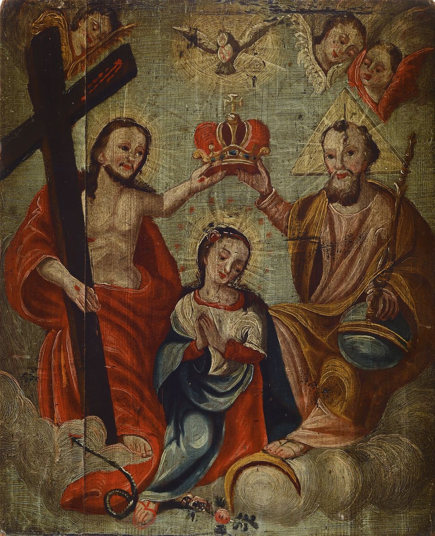 Heiligenbild, süddeutsch, um 1750, Krönung Marias, Öl/Weichholz, leichte Alters- und Gebr.-spuren, ca. 46 x 38 cm