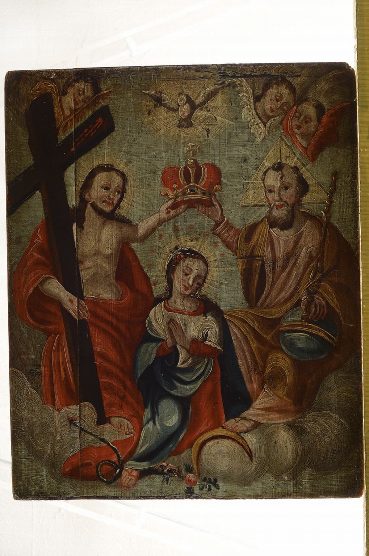 Detail k: Heiligenbild, süddeutsch, um 1750, Krönung Marias, Öl/Weichholz, leichte Alters- und Gebr.-spuren, ca. 46 x 38 cm