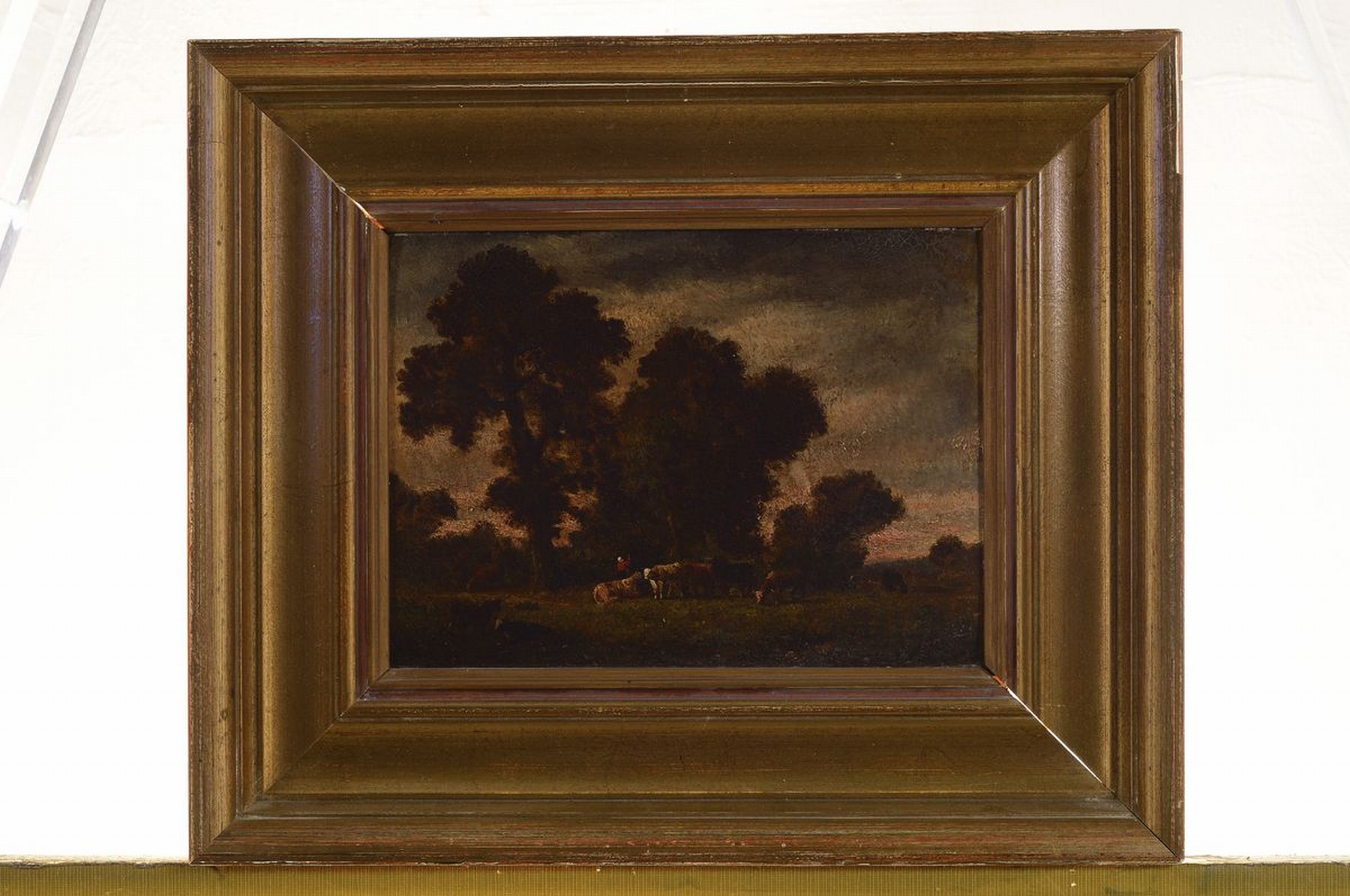 Detail k: Wohl Münchener Schule, 2. Hälfte 19. Jh., Kühe und Hirte auf der Weide, Öl/Lwd, unsigniert, Alters- und Gebr.schäden, ca. 17 x 23 cm, Rahmen