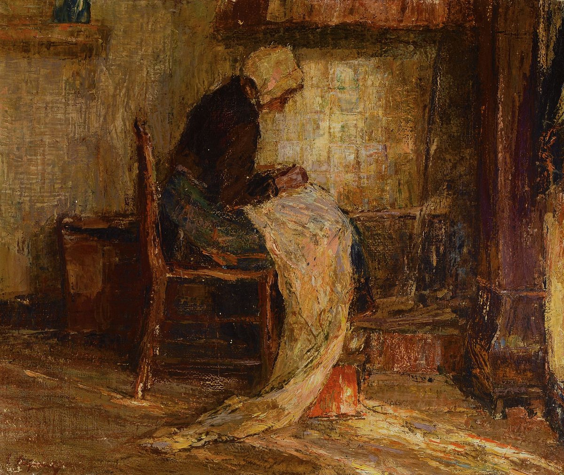 Piet Leysing, 1885-1933, Interieur mit nähender Frau, Öl/Lwd, links unten signiert, ca. 50x60cm, R. ca. 67x77cm, dieser beschädigt