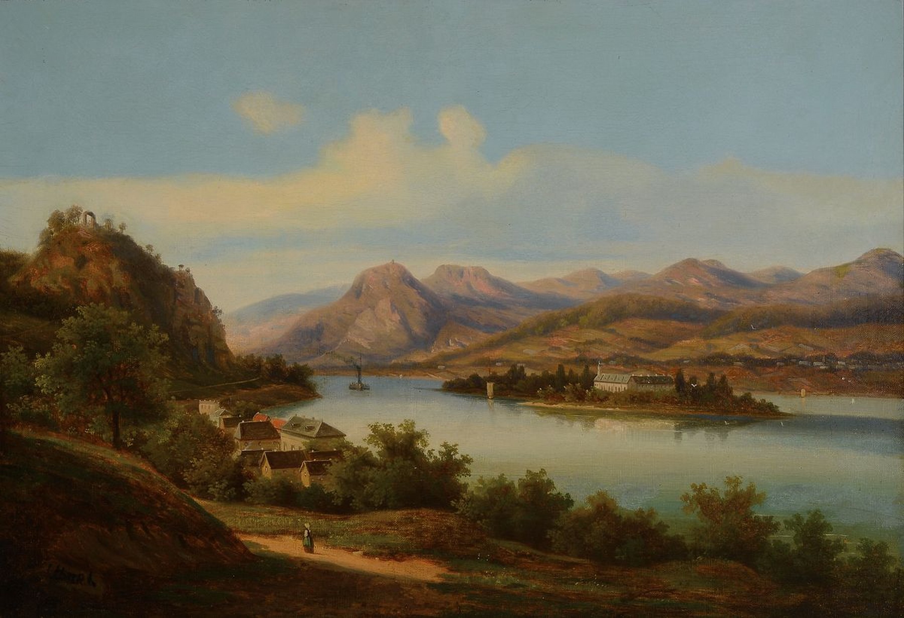 Unbekannter Künstler, deutsch, 2. Hälfte 19. Jh., Romantische Landschaft im Rheintal, feine lasierende Malerei in Öl auf Lwd, gute ...