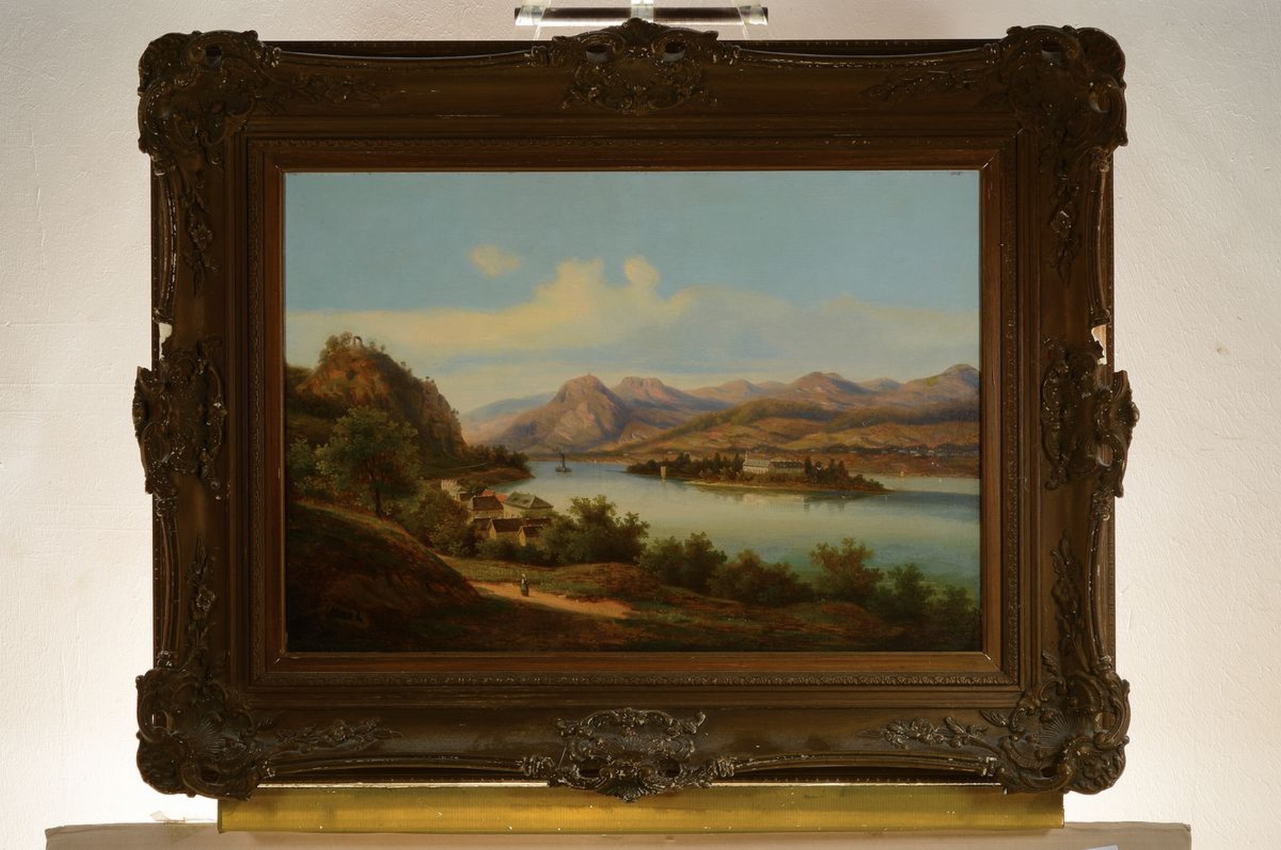 Detail k: Unbekannter Künstler, deutsch, 2. Hälfte 19. Jh., Romantische Landschaft im Rheintal, feine lasierende Malerei in Öl auf Lwd, gute ...