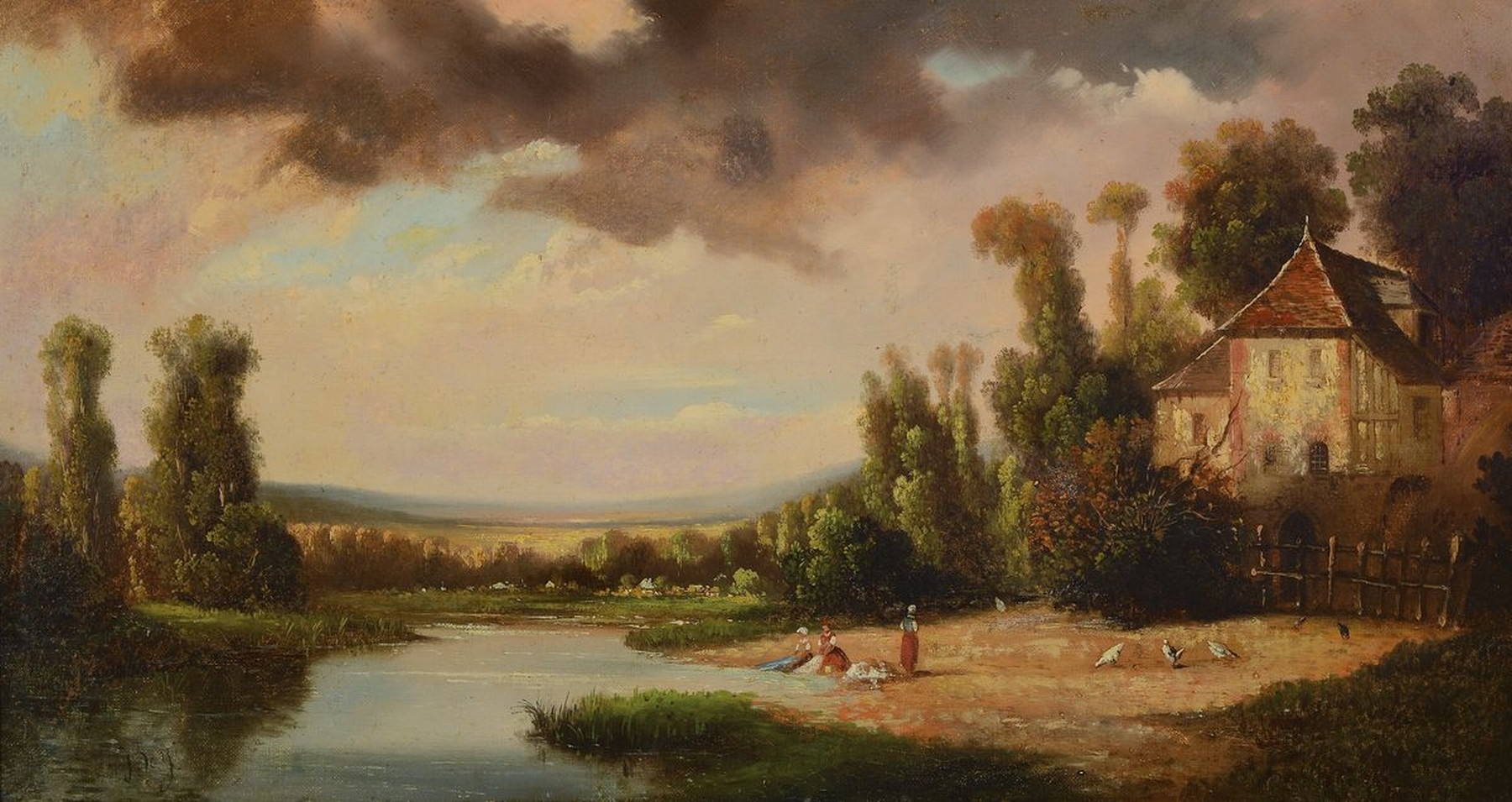 Zuschreibung. Thomas Shotter Boys, 1803 Pentonville-1874 London, Abendrot über sommerlicher Landschaft mit Gehöft und Personen am Flußufer, ...