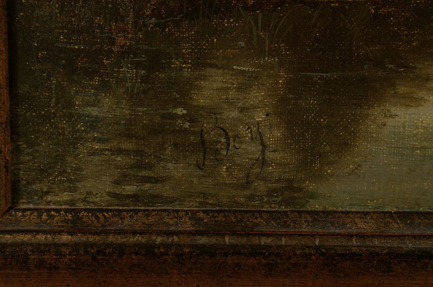 Detail a: Zuschreibung. Thomas Shotter Boys, 1803 Pentonville-1874 London, Abendrot über sommerlicher Landschaft mit Gehöft und Personen am Flußufer, ...