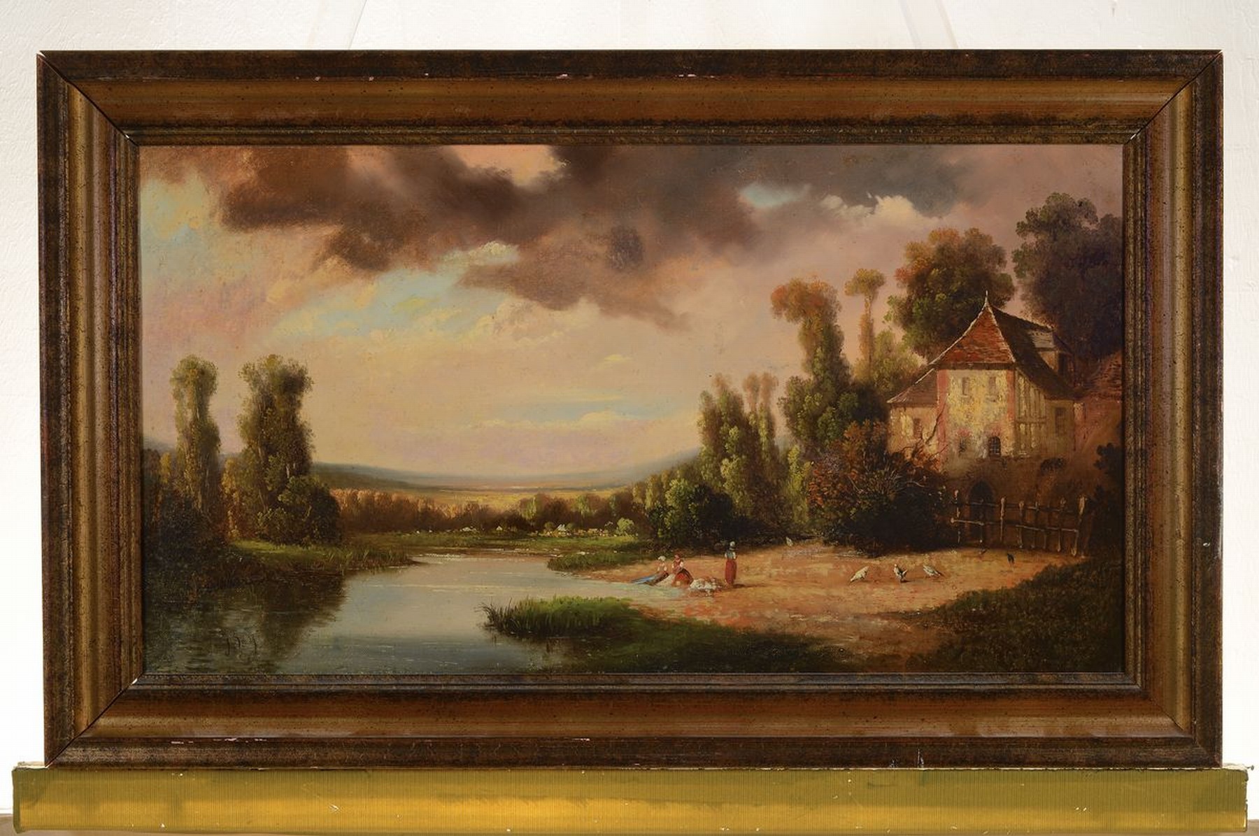 Detail k: Zuschreibung. Thomas Shotter Boys, 1803 Pentonville-1874 London, Abendrot über sommerlicher Landschaft mit Gehöft und Personen am Flußufer, ...