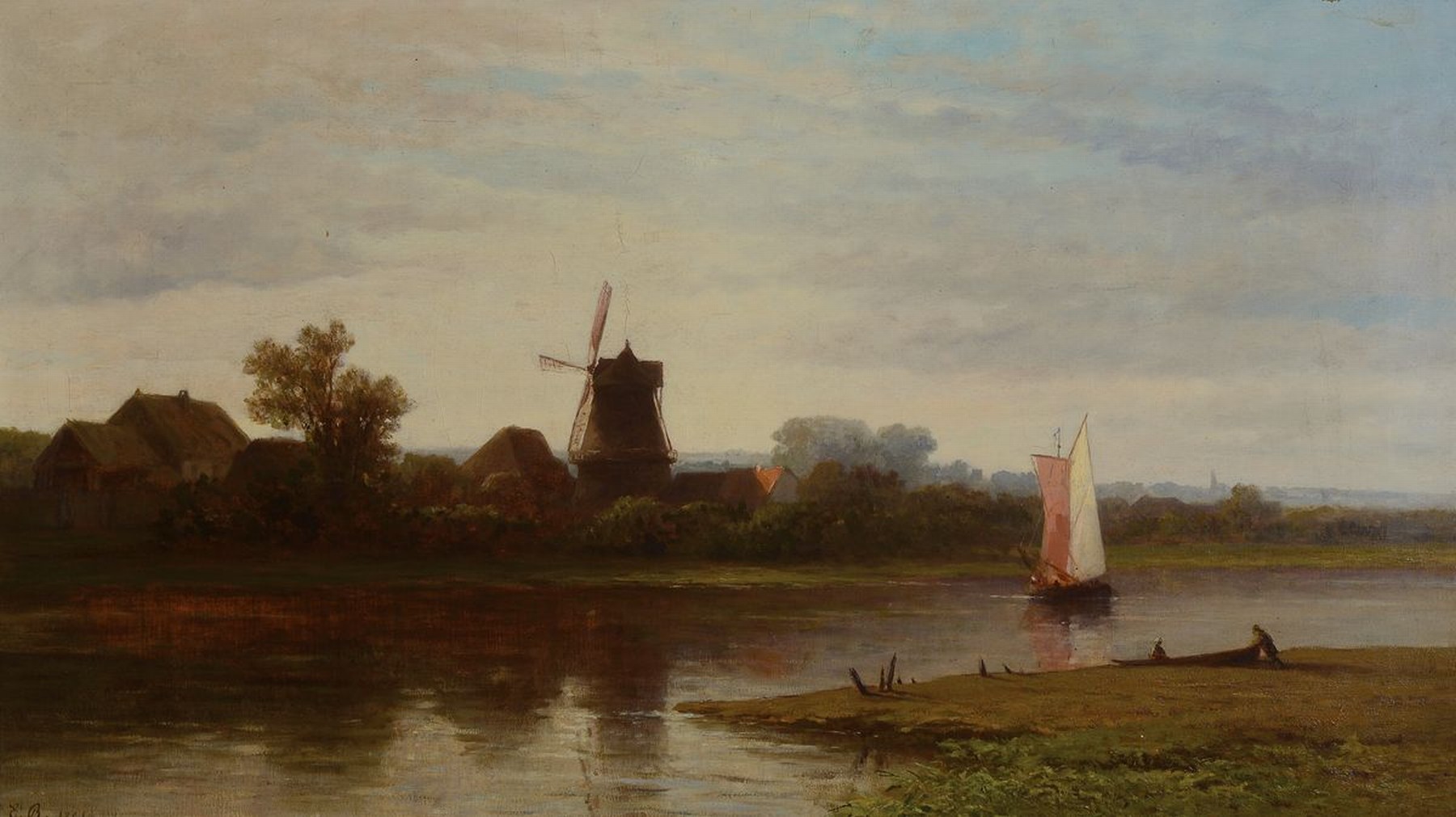 Monogrammist E.B., datiert 1868, Holländische Landschaft mit Fischerboot und Windmühle, Öl/Lwd, links unten monogr. und dat., 40x68cm, R. ca. ...