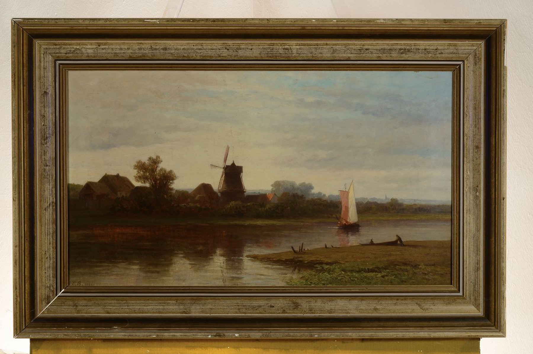 Detail k: Monogrammist E.B., datiert 1868, Holländische Landschaft mit Fischerboot und Windmühle, Öl/Lwd, links unten monogr. und dat., 40x68cm, R. ca. ...