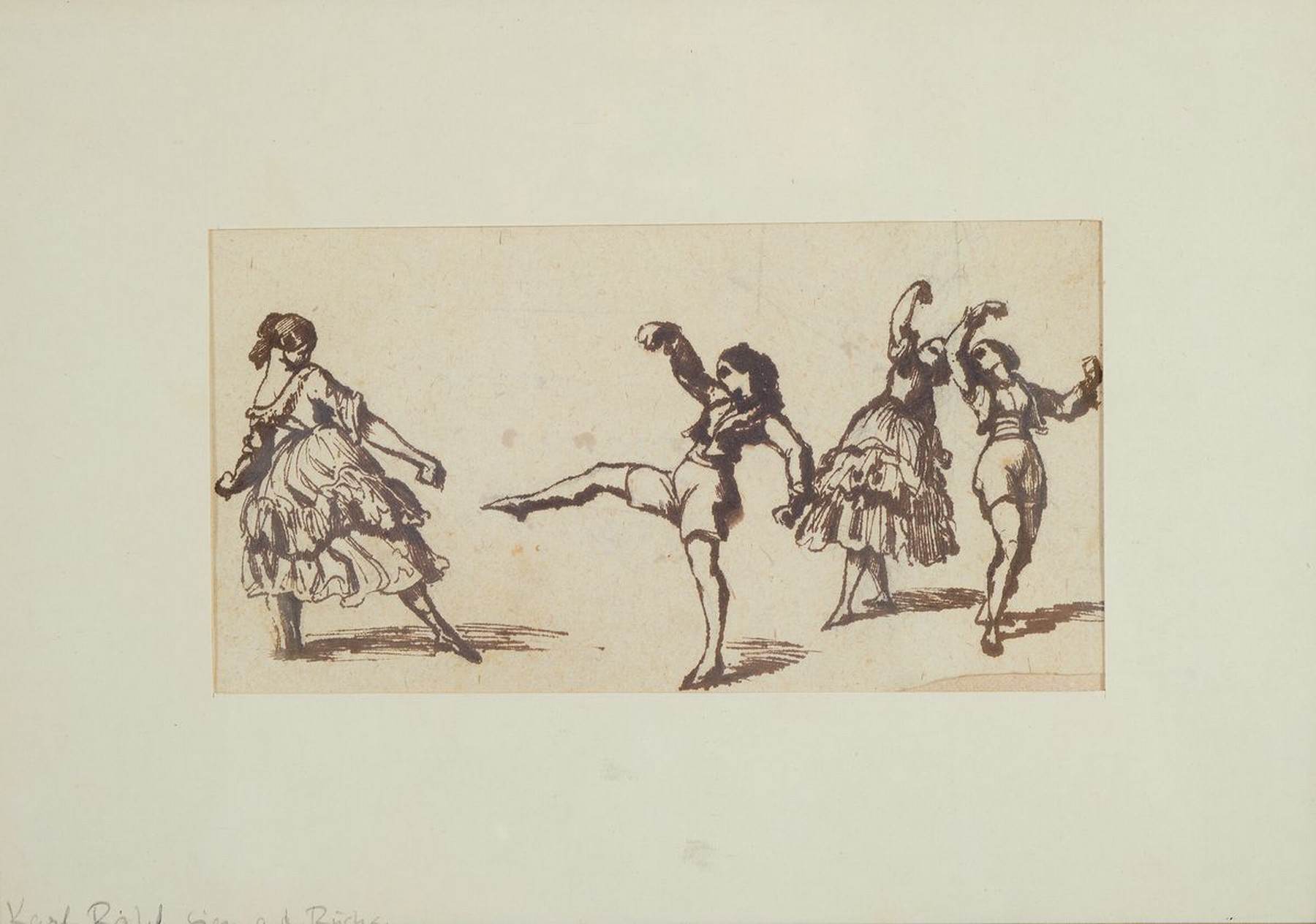 Carl Rahl, 1812-1865 Wien, tanzende Figuren, Tuschfederskizze auf Papier, rückseitig signiert, ca. 9.5x18cm, PP, u.Gl., R. ca. 21x29cm