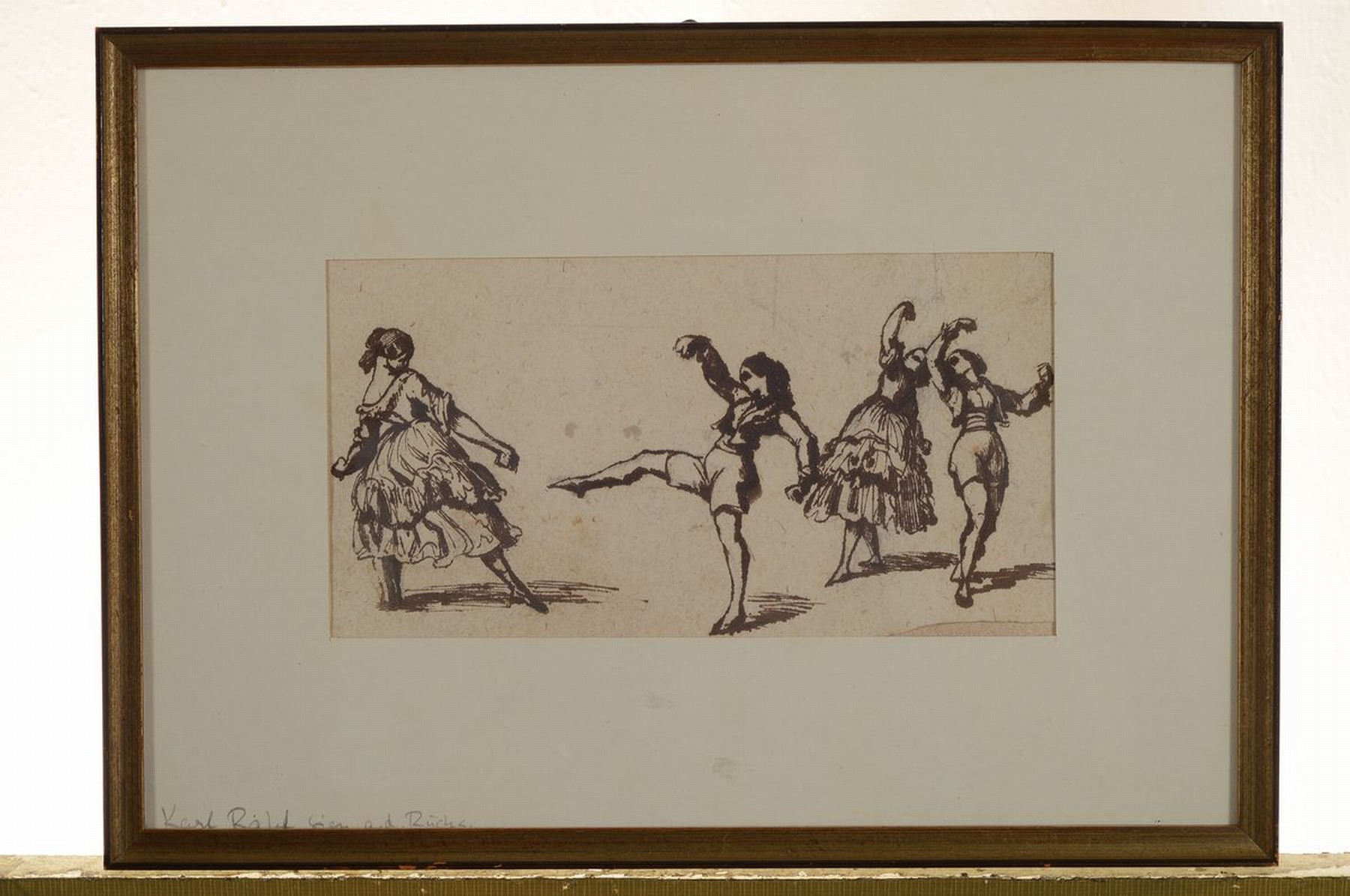 Detail k: Carl Rahl, 1812-1865 Wien, tanzende Figuren, Tuschfederskizze auf Papier, rückseitig signiert, ca. 9.5x18cm, PP, u.Gl., R. ca. 21x29cm