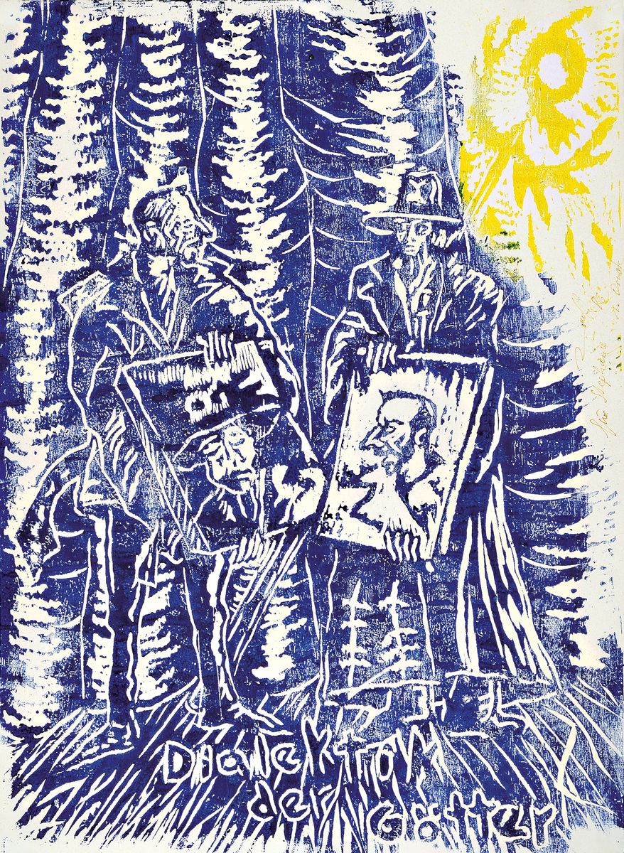 Jörg Immendorf, 1945 - 2007, Farbholzschnittauf Velin, Dialekt der Götter, seltene Farbe in Blau und Gelb, mit Widmung, Unikatcharakter aus 1986, ...