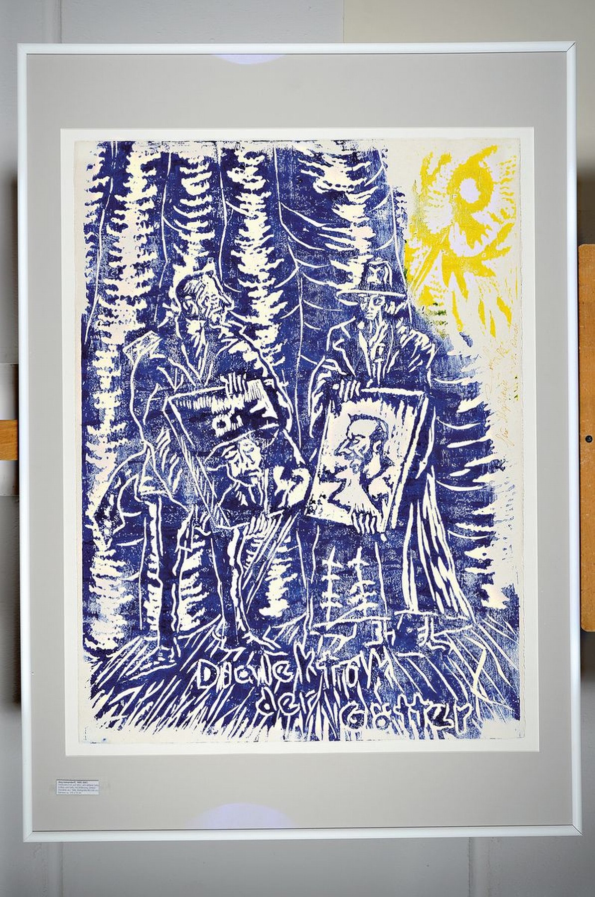 Detail k: Jörg Immendorf, 1945 - 2007, Farbholzschnittauf Velin, Dialekt der Götter, seltene Farbe in Blau und Gelb, mit Widmung, Unikatcharakter aus 1986, ...