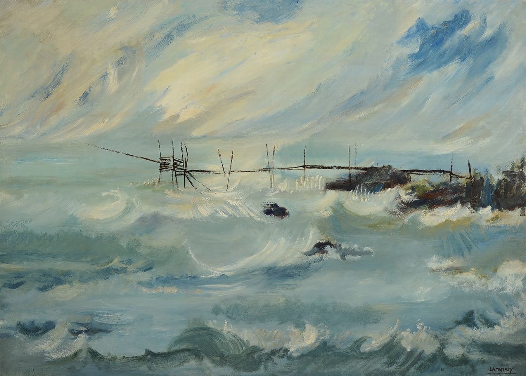 Clélie Lamberty, 1930 Chenee- 2013 Waremme, belgische Künstlerin, Studium an der Acadie Liege, hier: Trabucco, Küstenlandschaft, Öl/Lwd, re. u. ...