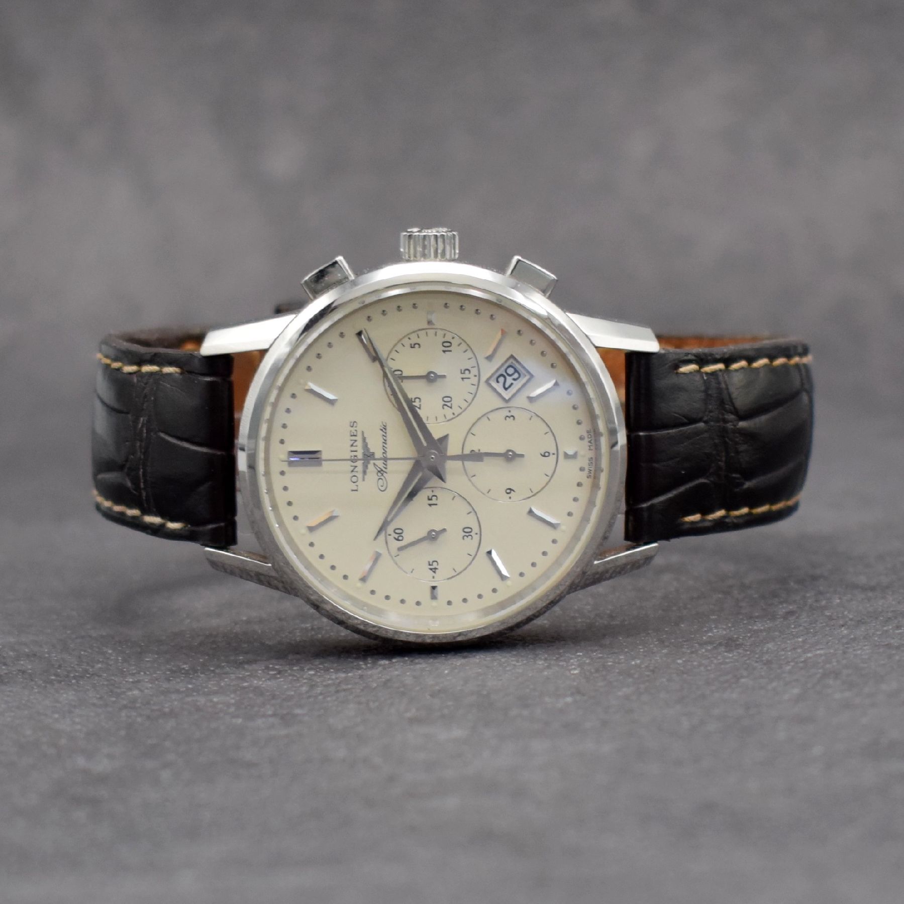 LONGINES Herrenarmbanduhr Column-Wheel Chronograph, Automatik, Ref. L27494722, Edelstahlgeh. inkl. orig. Lederband (zu ern.) m. orig. Dornschl., ...