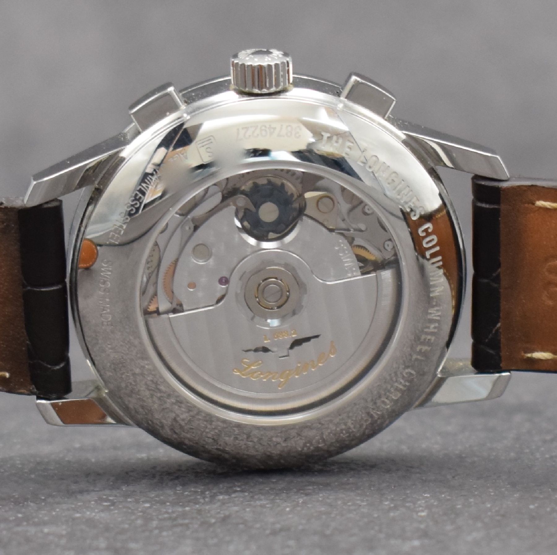 Detail e: LONGINES Herrenarmbanduhr Column-Wheel Chronograph, Automatik, Ref. L27494722, Edelstahlgeh. inkl. orig. Lederband (zu ern.) m. orig. Dornschl., ...