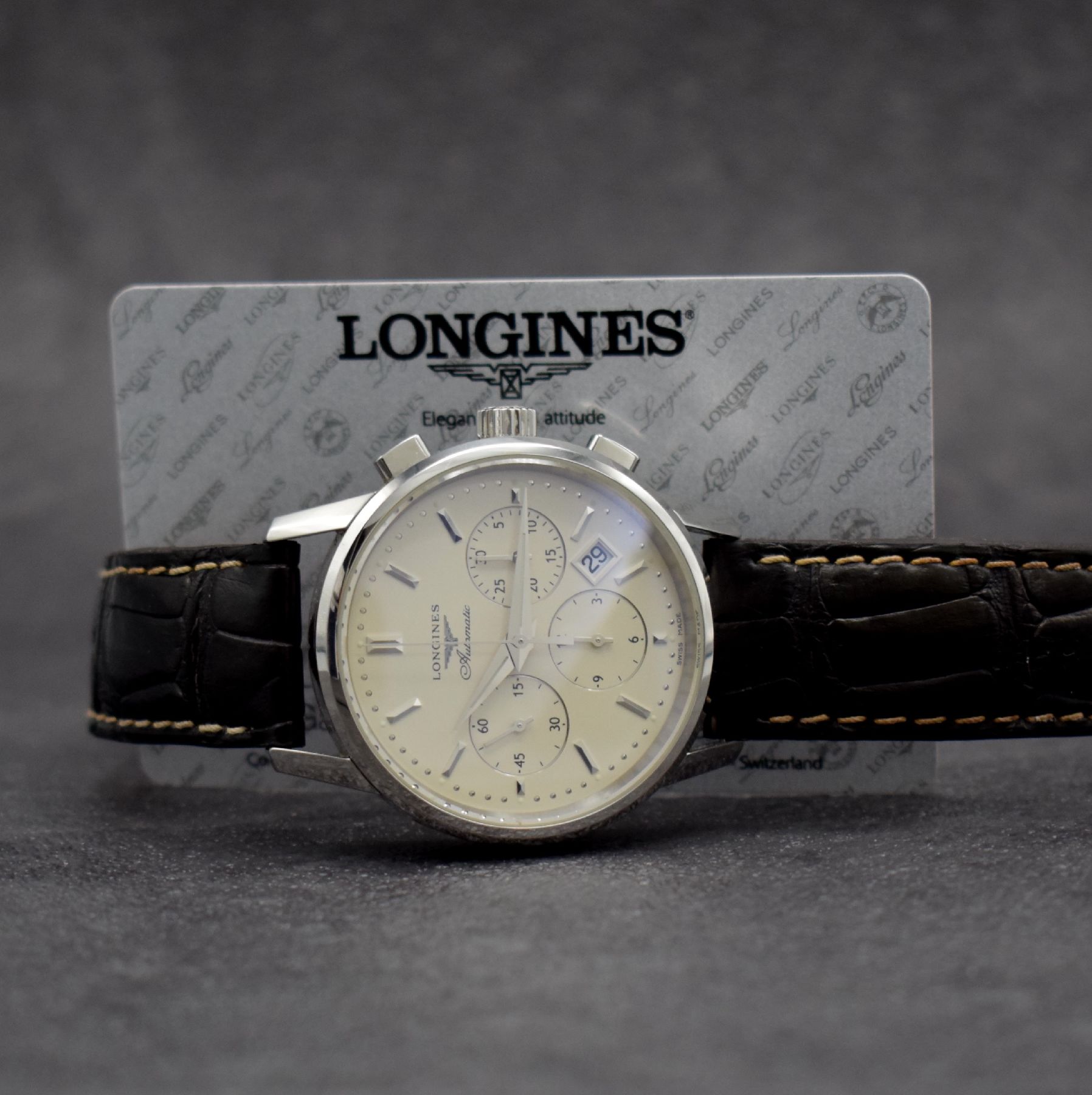 Detail g: LONGINES Herrenarmbanduhr Column-Wheel Chronograph, Automatik, Ref. L27494722, Edelstahlgeh. inkl. orig. Lederband (zu ern.) m. orig. Dornschl., ...