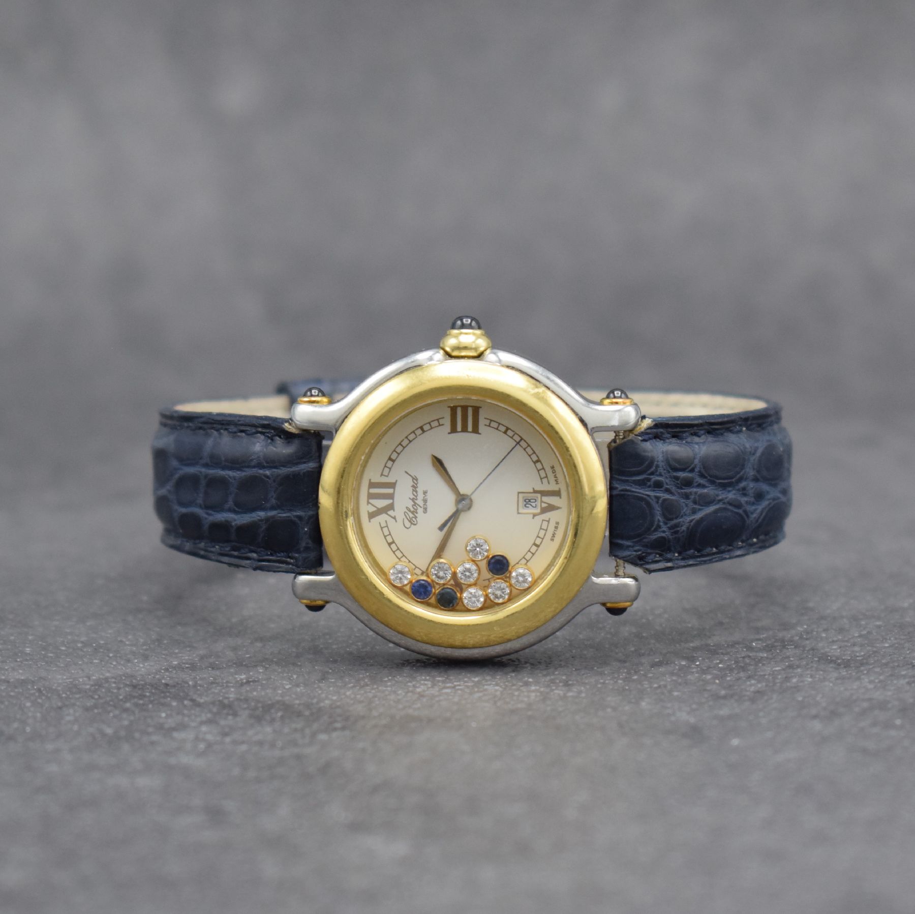 CHOPARD Happy Sport Damenarmbanduhr in Stahl/Gold mit beweglichen Diamanten & Saphiren, Schweiz um 2000, Ref. 27/8237-23, quarz, Krone & ...