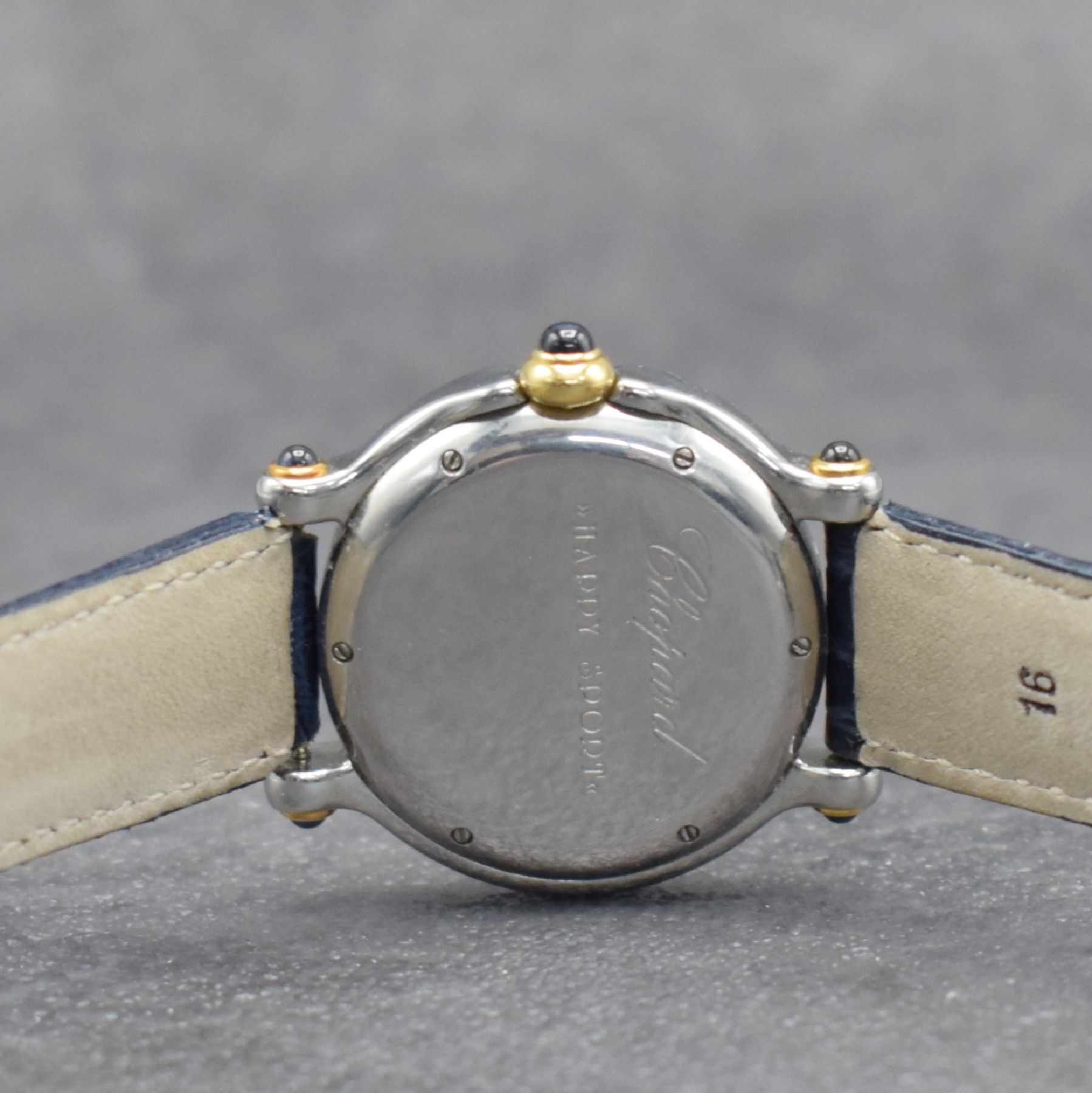 Detail e: CHOPARD Happy Sport Damenarmbanduhr in Stahl/Gold mit beweglichen Diamanten & Saphiren, Schweiz um 2000, Ref. 27/8237-23, quarz, Krone & ...
