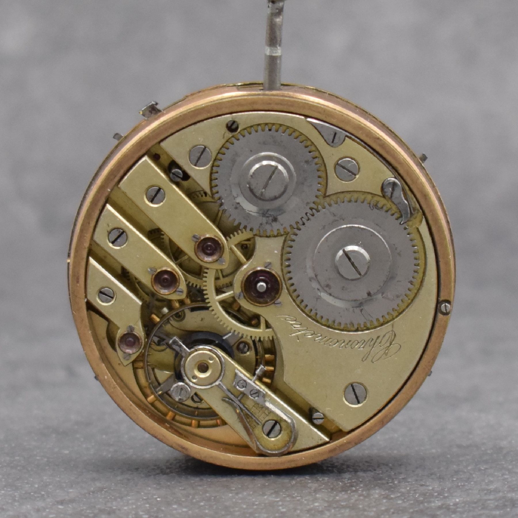 Detail a: Taschenuhrwerk mit Chronometerhemmung & Vollkalender, Schweiz um 1900, Emailzifferbl. m. arab. Zahlen riss., gebl. Birnenzeiger, verg. Klobenwerk m. ...