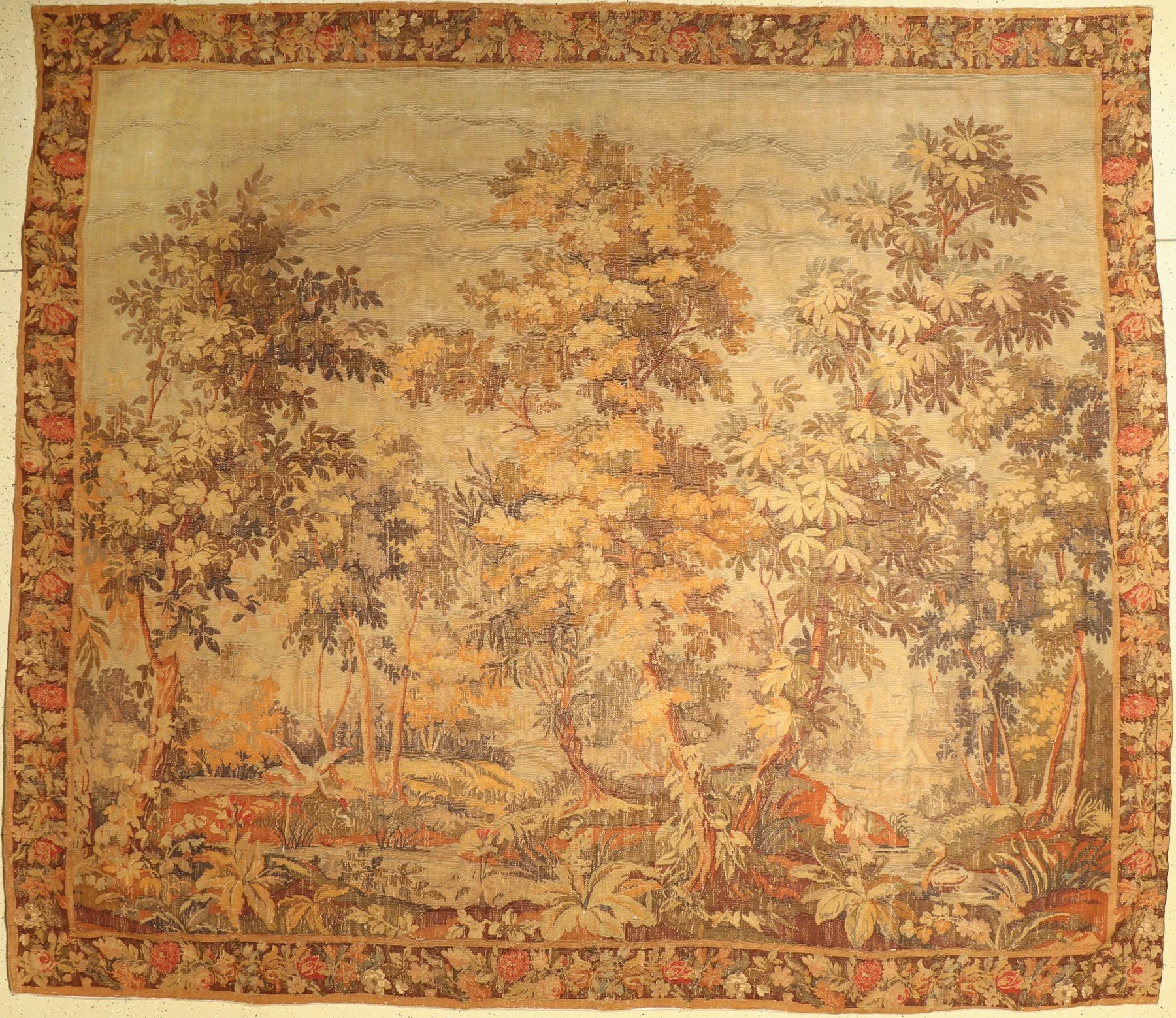 Früher Tapeseri antik, Frankreich, um 1800, Wolle gewebt auf Baumwolle, Landschaftsmotive ,ca, 350 x 302 cm, EHZ:3(Altersbedingt guter Zustand).