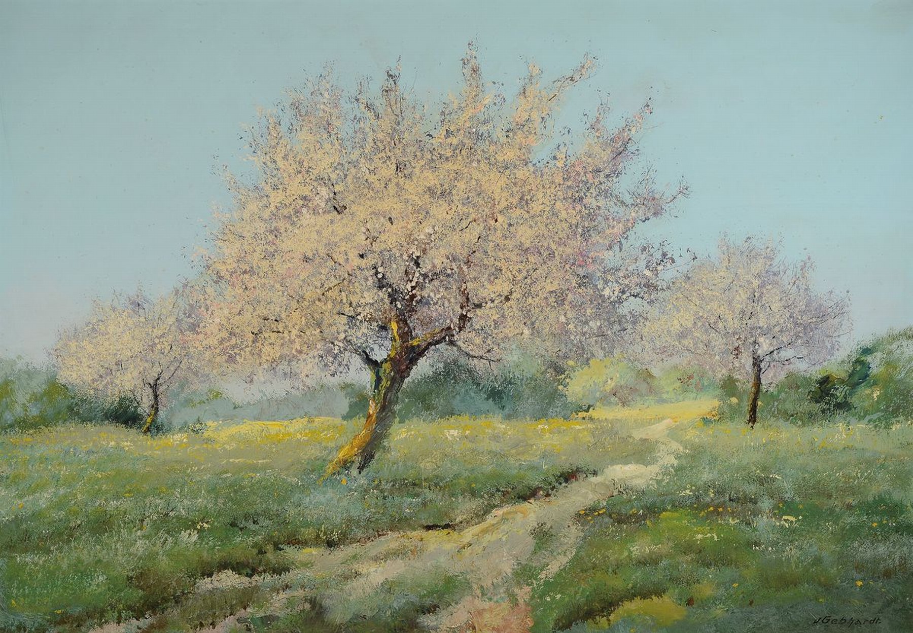Johannes Gebhardt, 1898-1970 Lampertheim, Studium an der Akademie Frankfurt und am Städel, hier: Blühende Bäume auf einer Wiese, Öl/Lwd, rechts ...