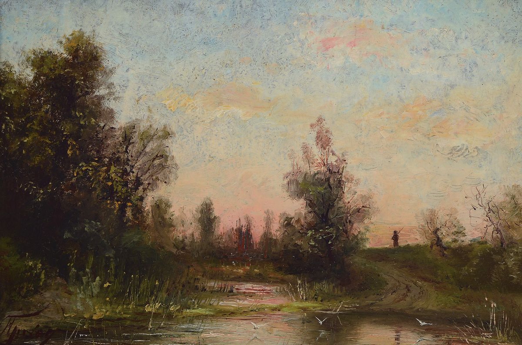 Unbekannter Künstler, Frankreich, um 1880-90, Landschaft mit Weiher, in der Art der Barbizon-Schule, Öl/Malkarton, links unten unleserlich ...