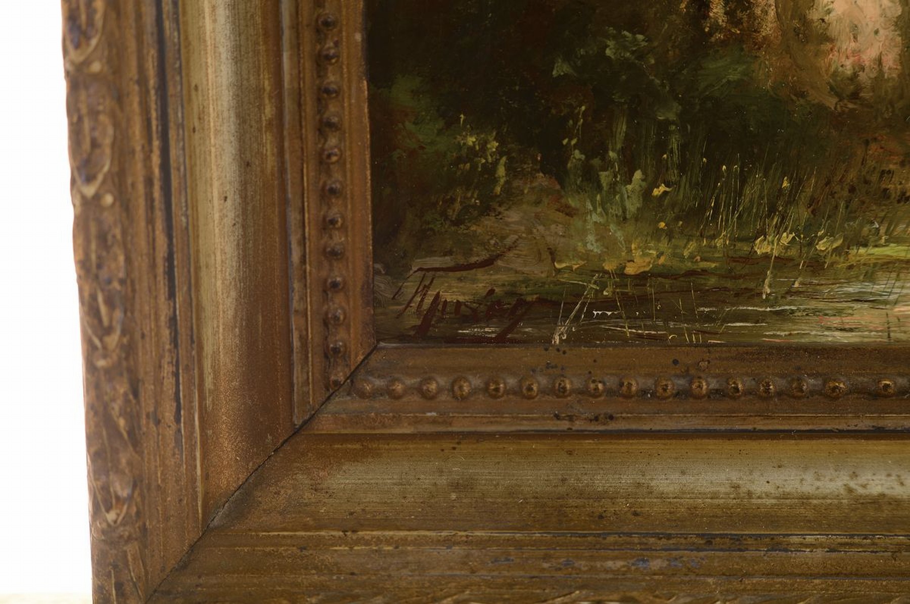 Detail a: Unbekannter Künstler, Frankreich, um 1880-90, Landschaft mit Weiher, in der Art der Barbizon-Schule, Öl/Malkarton, links unten unleserlich ...