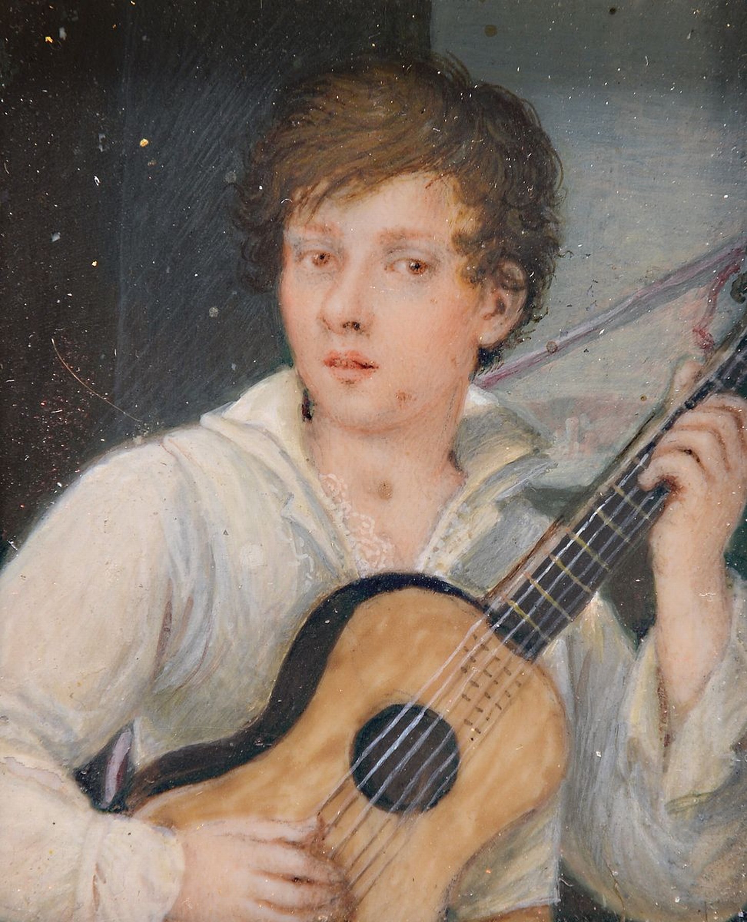 Miniaturmalerei, deutsch, um 1900, Junge mit Gitarre, Gouache auf Elfenbein, ca. 5.5x4.5cm, u.Gl., R., Versand nur innerhalb der EU möglich